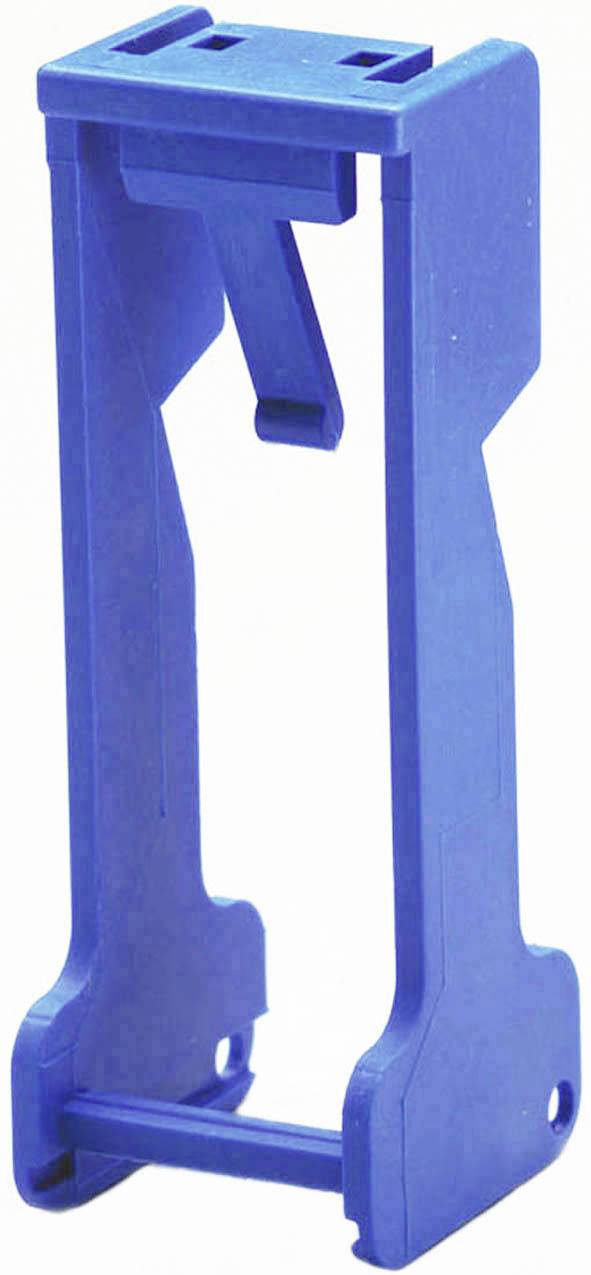 Blauer Kunststoffhalter in aufrechter Position, möglicherweise für das Fixieren oder Halten eines Objekts geeignet.