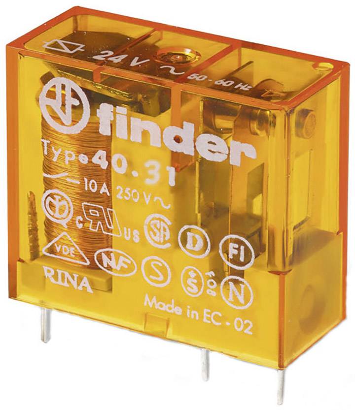 Ein orangefarbenes Finder-Relais, Typ 40.31, 24 V, mit Zertifizierungssymbolen, für elektrische Anwendungen bis 250 V und 10 A geeignet.