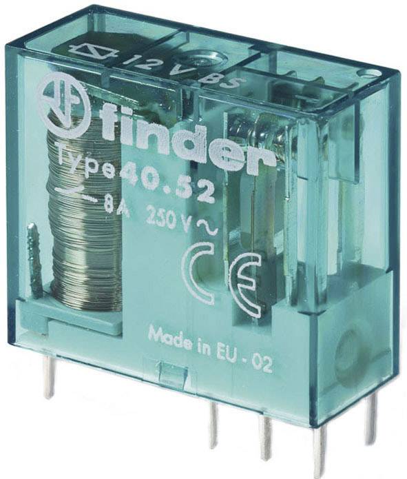 Ein rechteckiges, transparentes Relais mit der Aufschrift 'finder Type 40.52', geeignet für 12V, 8A, 250V. Enthält CE-Zeichen.