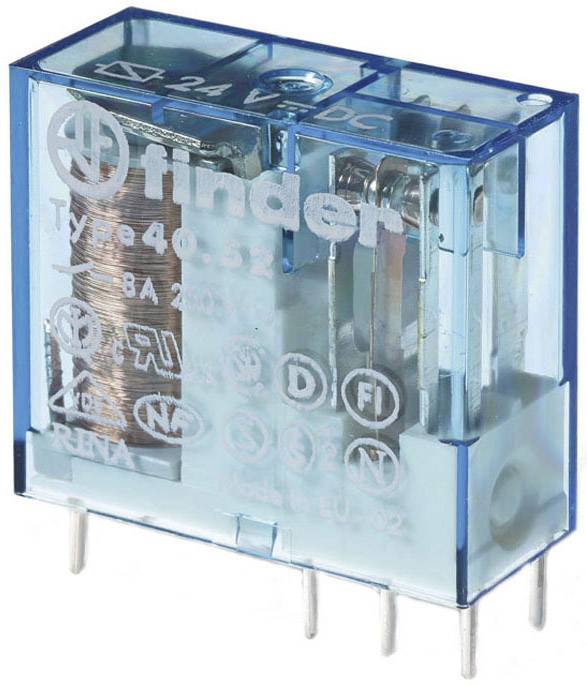 Ein blaues elektromechanisches Relais mit der Aufschrift 'Finder Type 40.52'. Es hat fünf Metallpins und ist für 8A bei 250V ausgelegt.