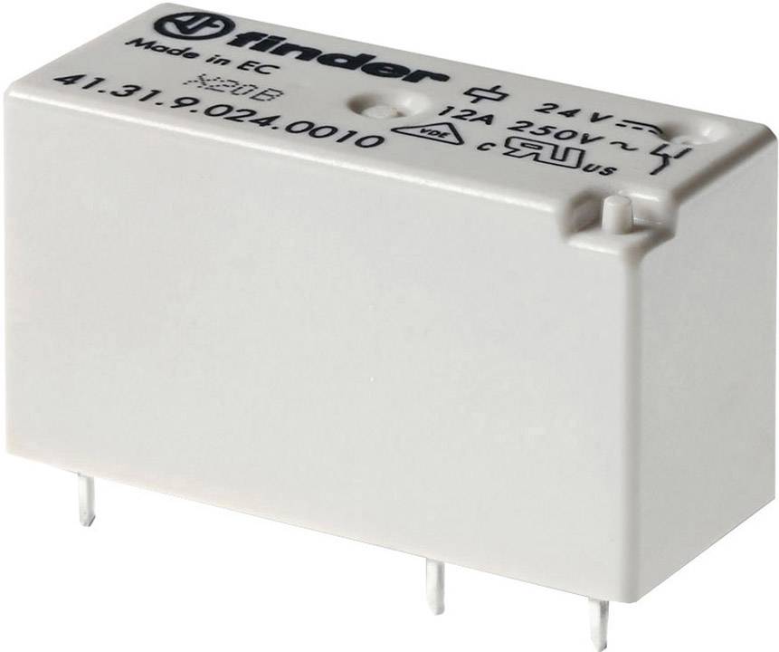 Relais von Finder mit der Aufschrift 'Finder Made in EC' und technischen Spezifikationen: 24V, 12A, 250V.