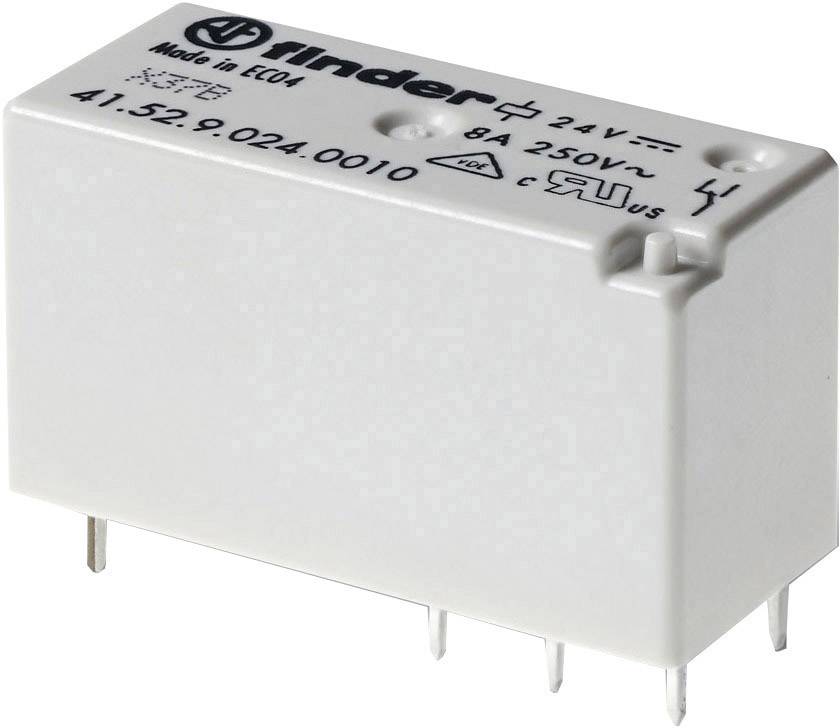 Ein weißes elektrisches Relais von Finder, Modellnummer '41.52.9.024.0010', 24V, 8A, 250V, mit mehreren Metallpins auf der Unterseite.