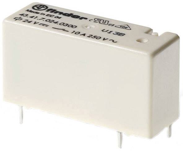 Ein weißes Relais von Finder, Modell 43.31.7.024.0300, mit Spezifikationen von 10 A und 250 V.