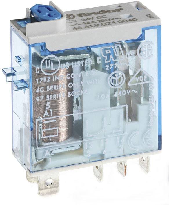 Ein elektrisches Relais mit transparentem Gehäuse, das die interne Spule und Anschlüsse zeigt. Marken- und Spannungsdetails sind sichtbar.