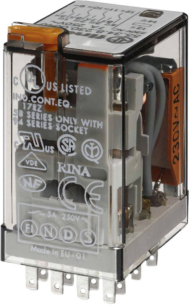 Relais mit transparentem Gehäuse, zeigt interne Mechanik und elektrische Anschlüsse. Aufdrucke zur Spannung (230V AC) und Zertifizierungen sichtbar.