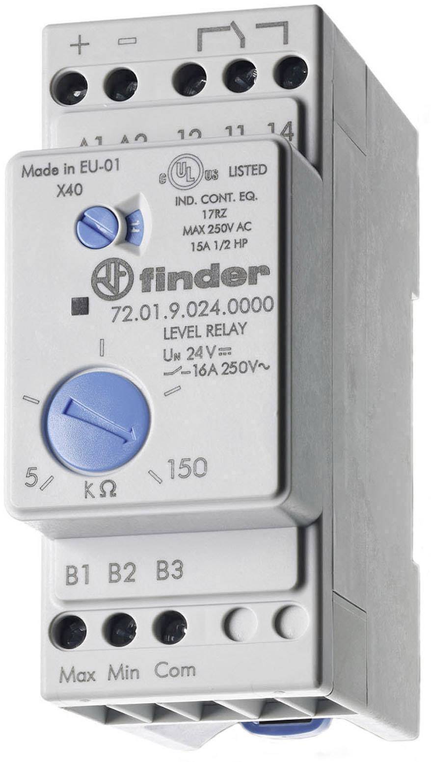 Relaismodul mit blauer Justierschraube, Skala von 5 bis 150 kΩ, Markenname 'Finder', Angaben zur Spannung und Stromstärke.