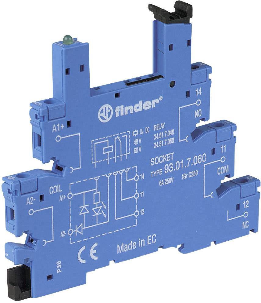 Blaues Steckrelais der Marke Finder, Typ 93.01.7.060, für DIN-Schienenmontage. Geeignet für 6A und 250V Anwendungen.