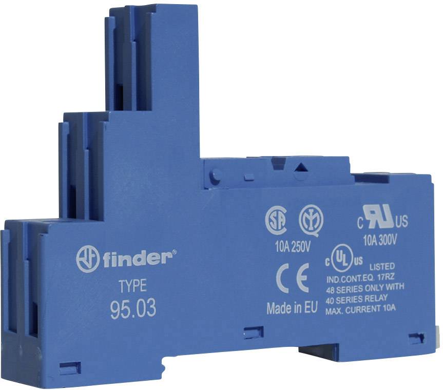 Blaues Relaisgehäuse von Finder, Modell 95.03, geeignet für 10 A und 250 V, produziert in der EU, mit Sicherheitszertifizierungen.