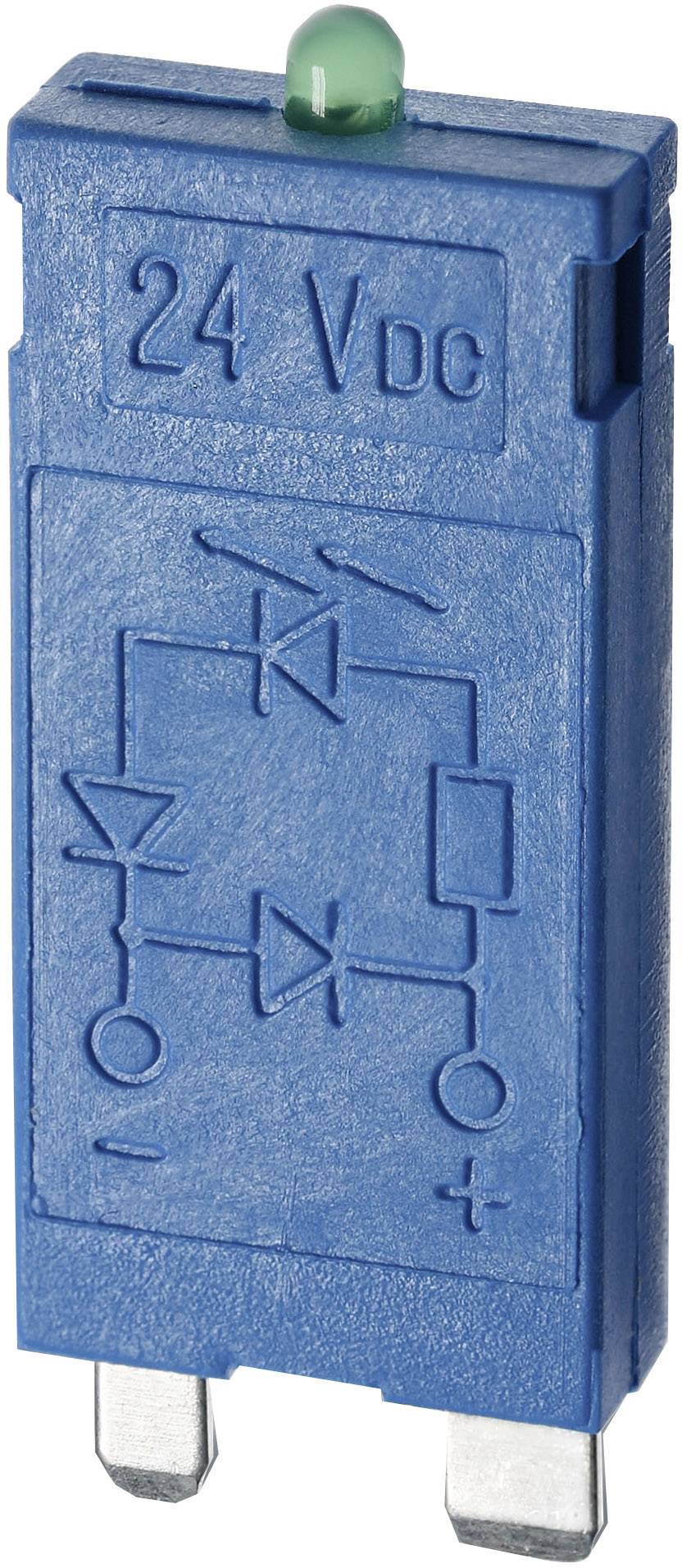 Ein blauer Sicherungsstecker mit Beschriftung '24 VDC'. Zeigt das interne Schaltzeichen mit zwei Dioden und anderen Komponenten.