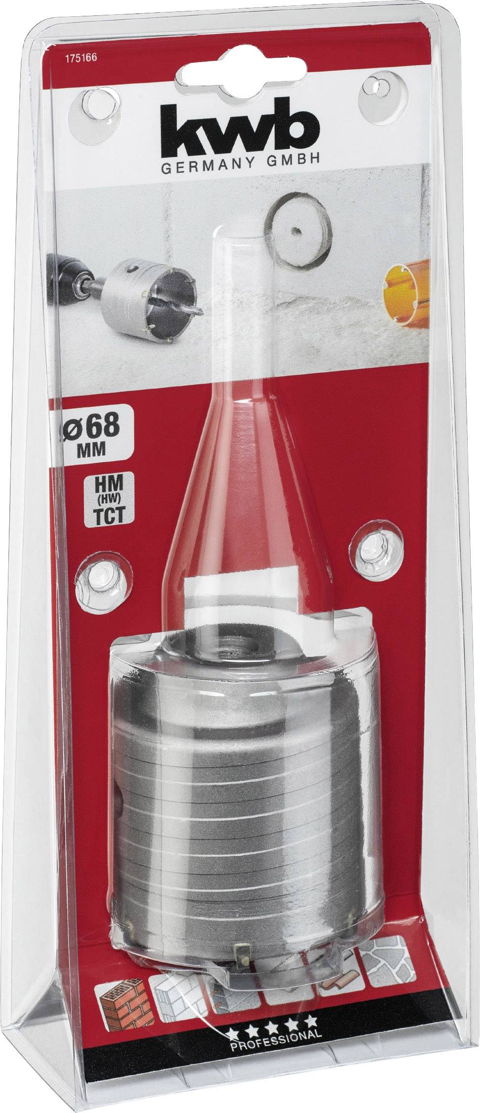 Kwb 68 mm Lochsäge in Verpackung, geeignet für Holz und Metall. Produktfoto zeigt Säge und Herstellername auf rotem Hintergrund.