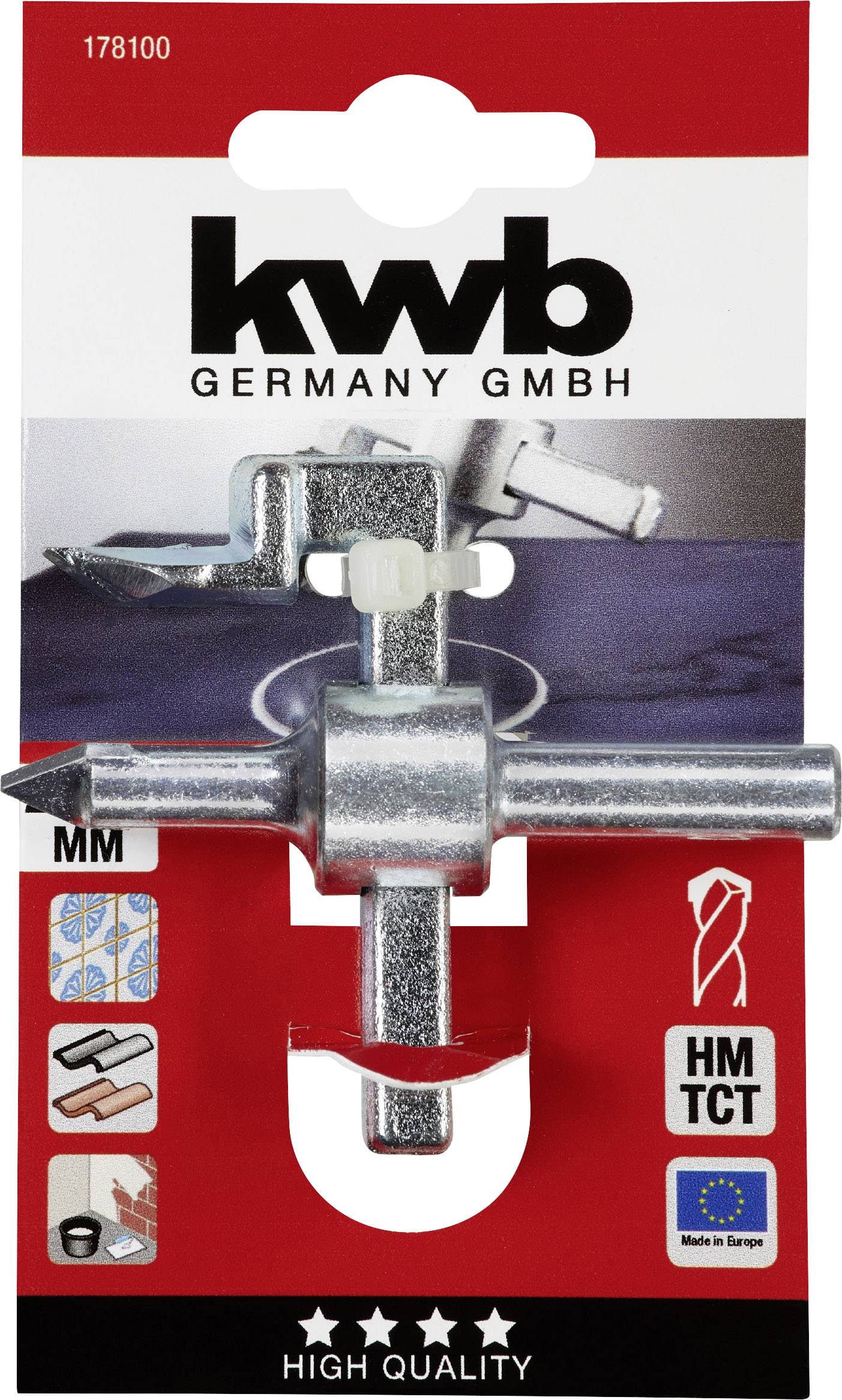 Bohrschneider von 'kwb Germany GmbH', silberfarben, auf rotem Karton mit Produktinformationen. Hergestellt in Europa.