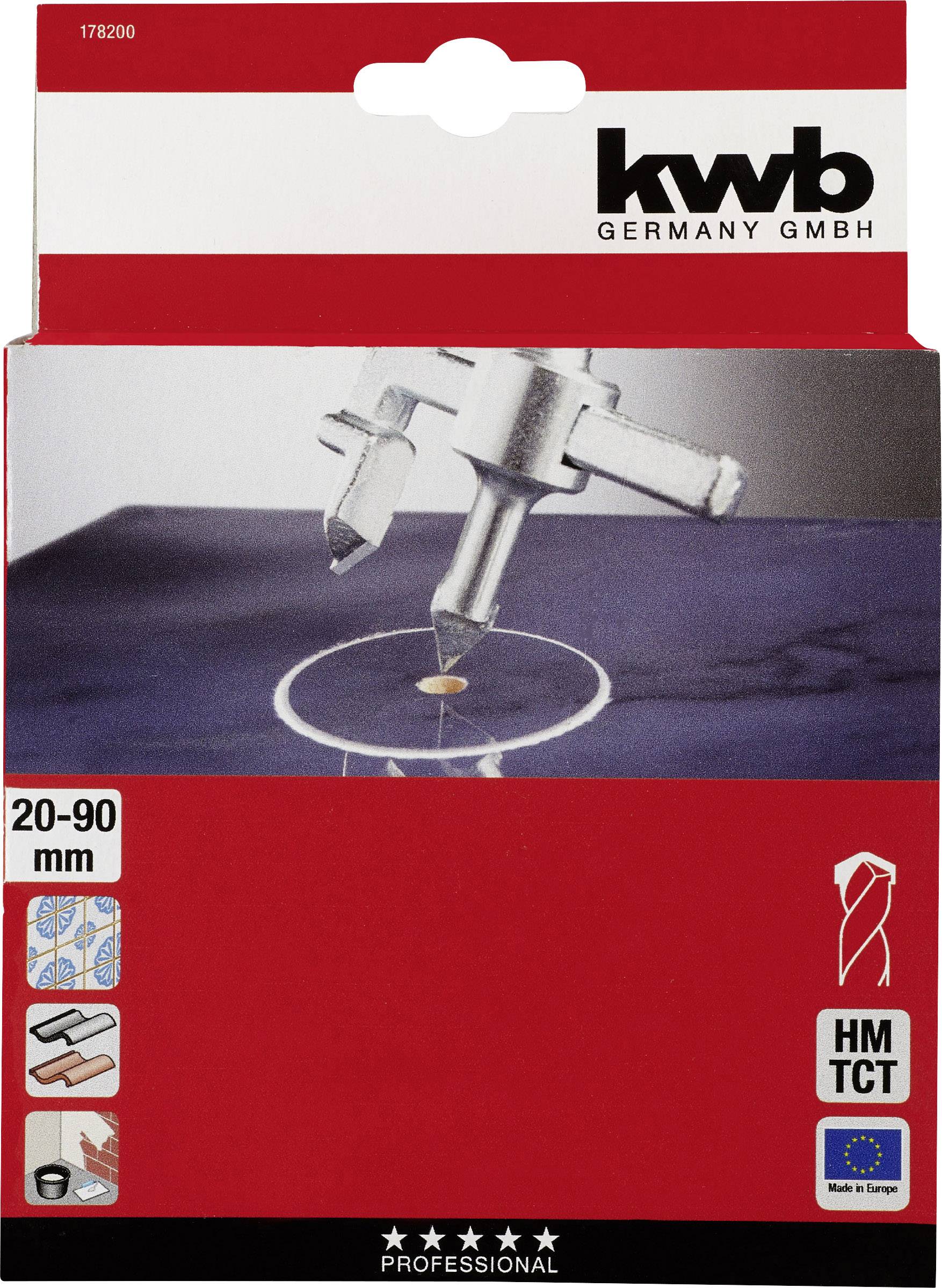 Verpackung mit Ausstechzirkeln für Bohrmaschinen von KWB, geeignet für 20-90 mm Löcher in verschiedenen Materialien.