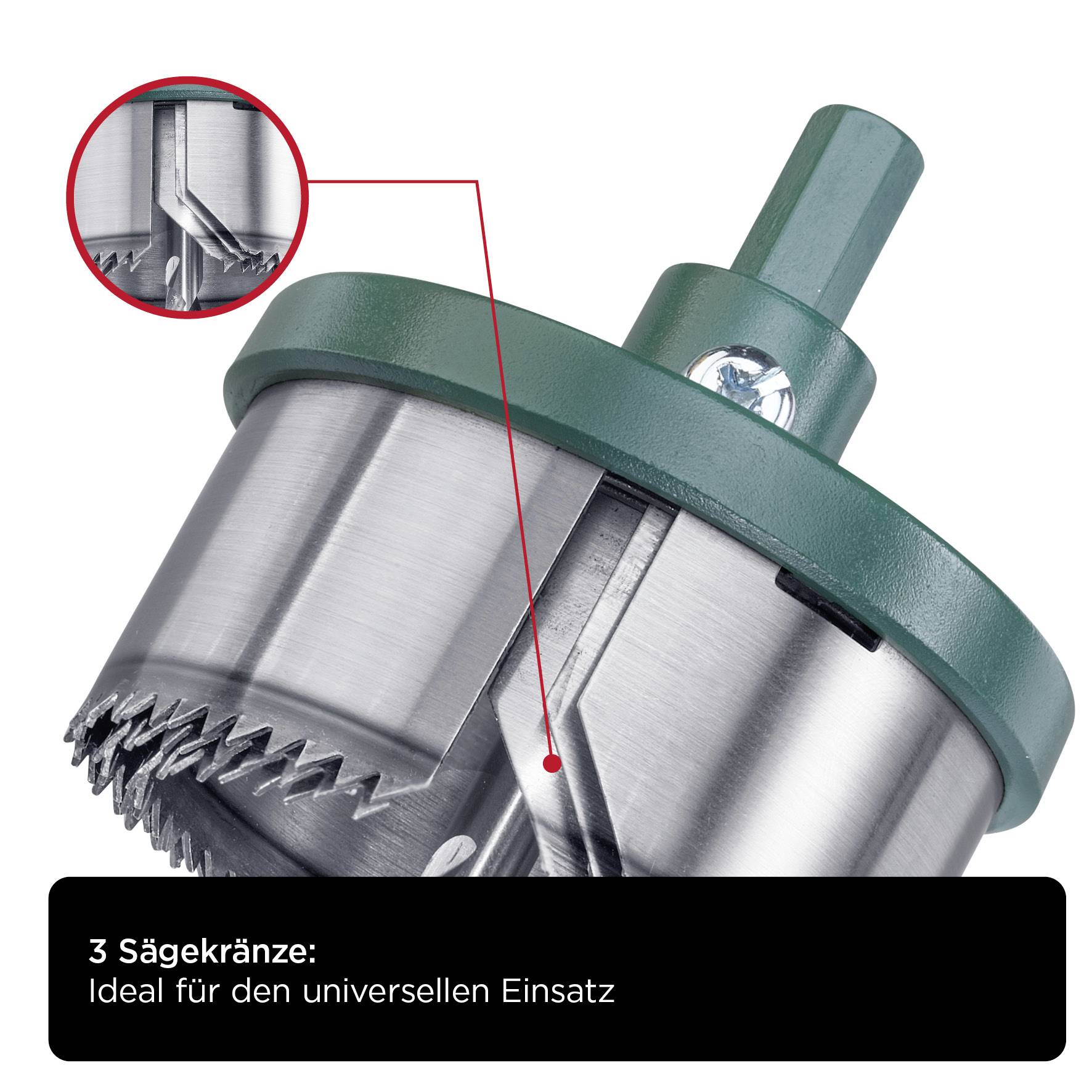 Metallkreissäge mit grünem Griff in Nahaufnahme. Text: '3 Sägenkränze: Ideal für den universellen Einsatz'.