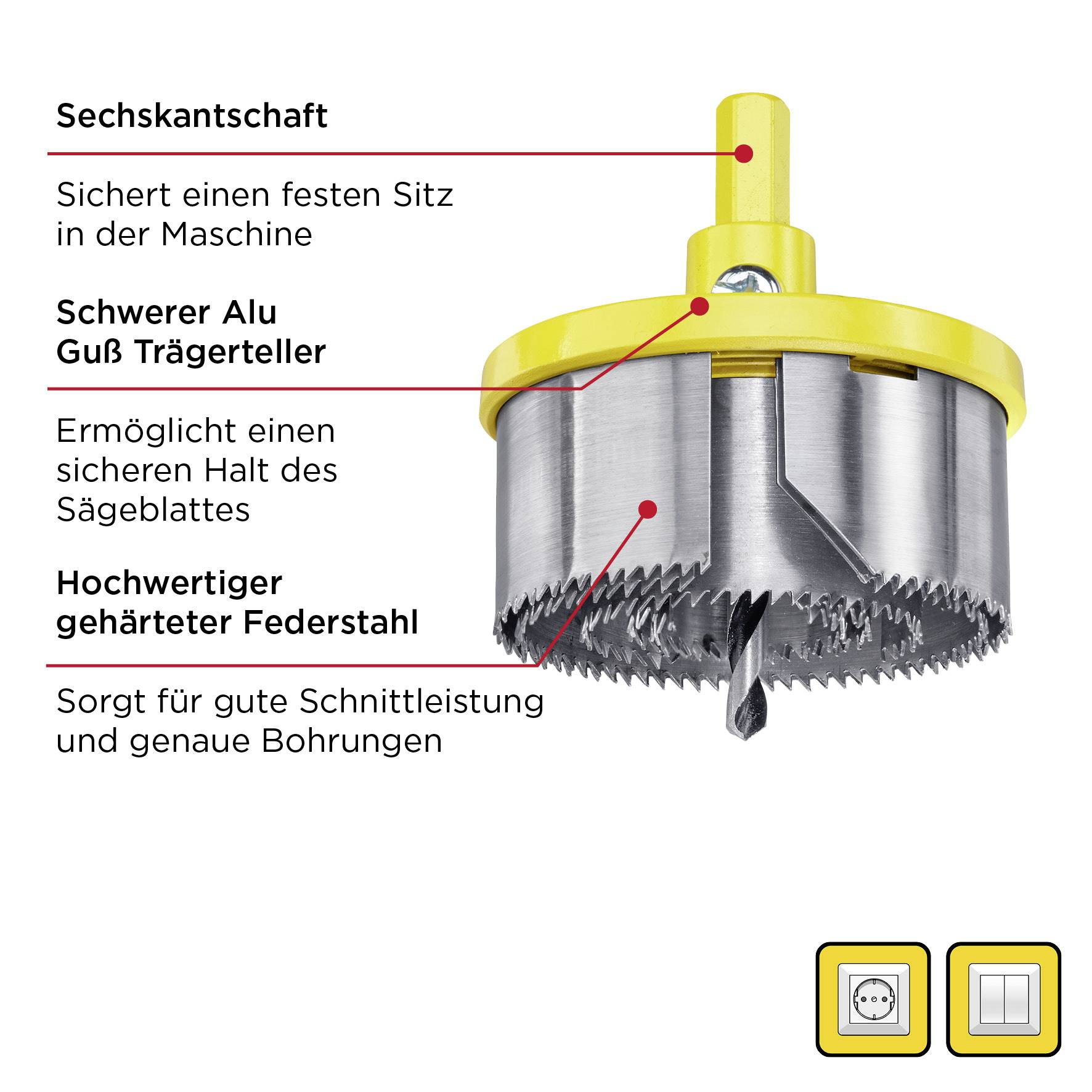 Eine Lochsäge mit sechskantigem Schaft, schwerem Aluminium-Gussträgerteller und gehärtetem Federstahl für präzise Bohrungen.