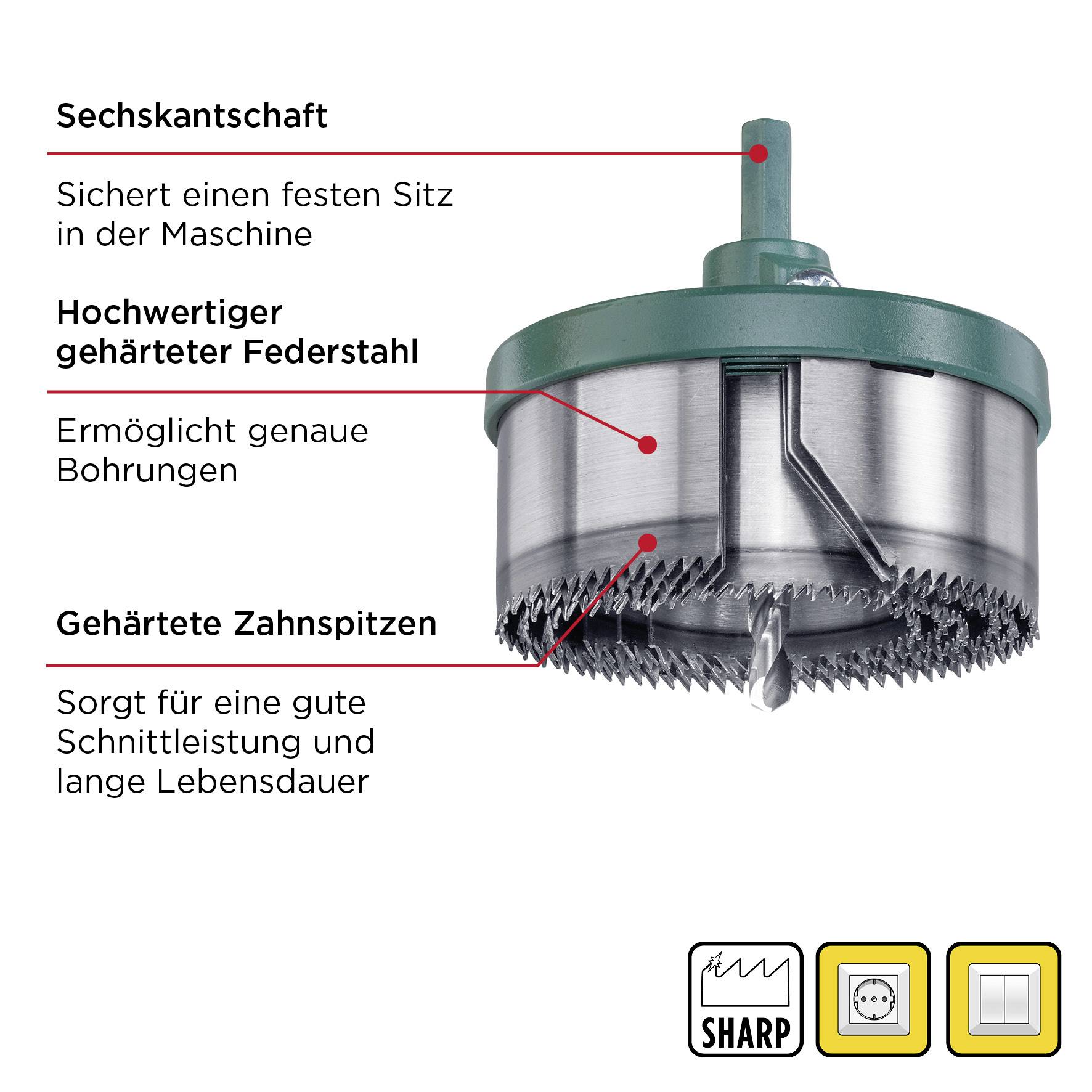 Bohrkrone mit Sechskantschaft; Merkmale: gehärteter Federstahl für präzise Bohrungen, gehärtete Zahnspitzen für lange Lebensdauer. Symbole für Schärfe und Qualität.