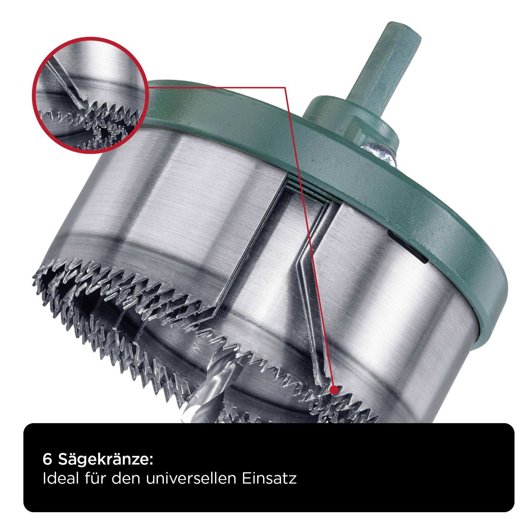Bohrkrone mit sechs Sägekränzen in Nahaufnahme. Die Spitze zeigt, wie die Zähne scharf und gleichmäßig angeordnet sind. Ideal für universellen Einsatz.