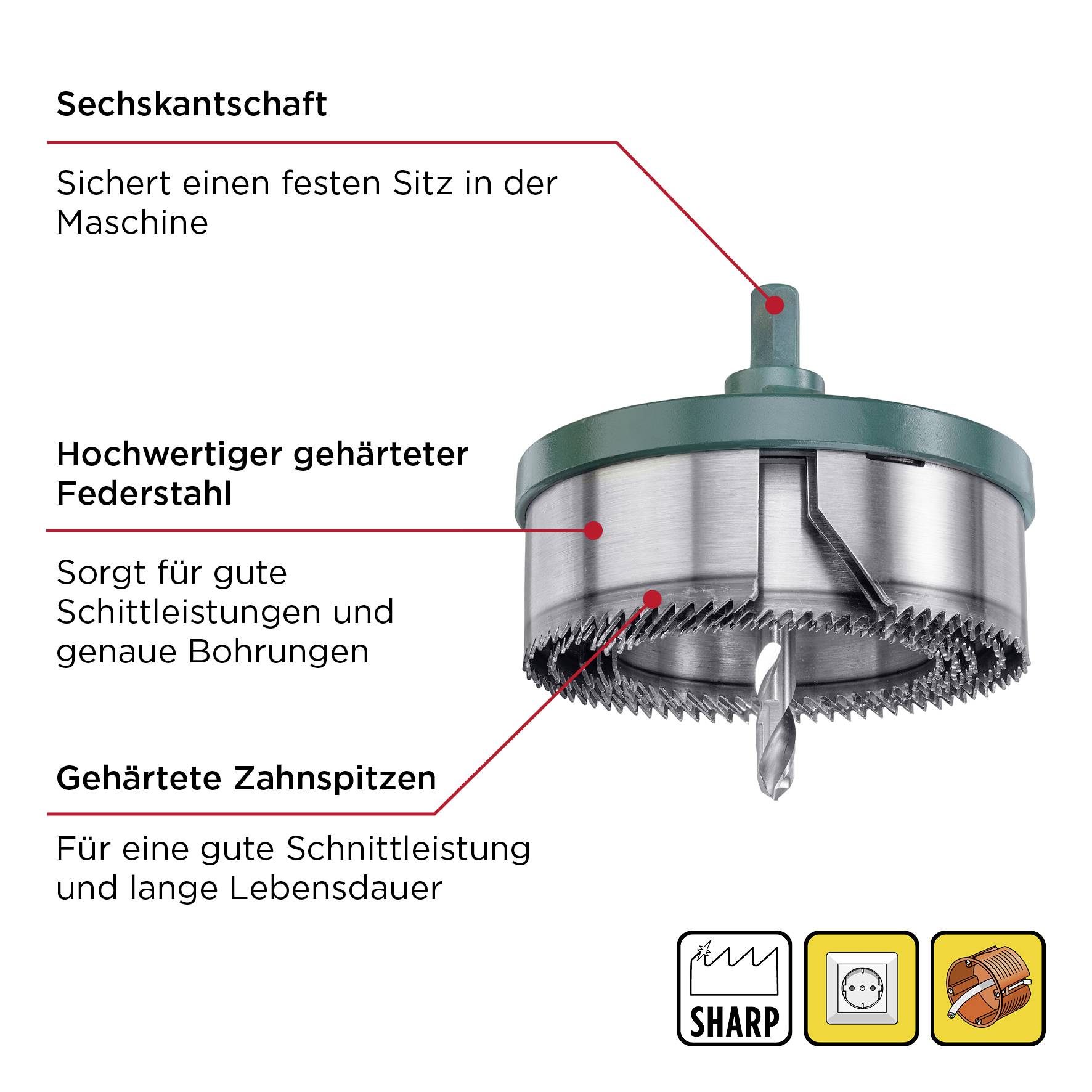 Bild einer Lochsäge mit Sechskantschaft. Beschriftungen: 'Sechskantschaft', 'Hochwertiger gehärteter Federstahl', 'Gehärtete Zahnspitzen', Symbole unten.
