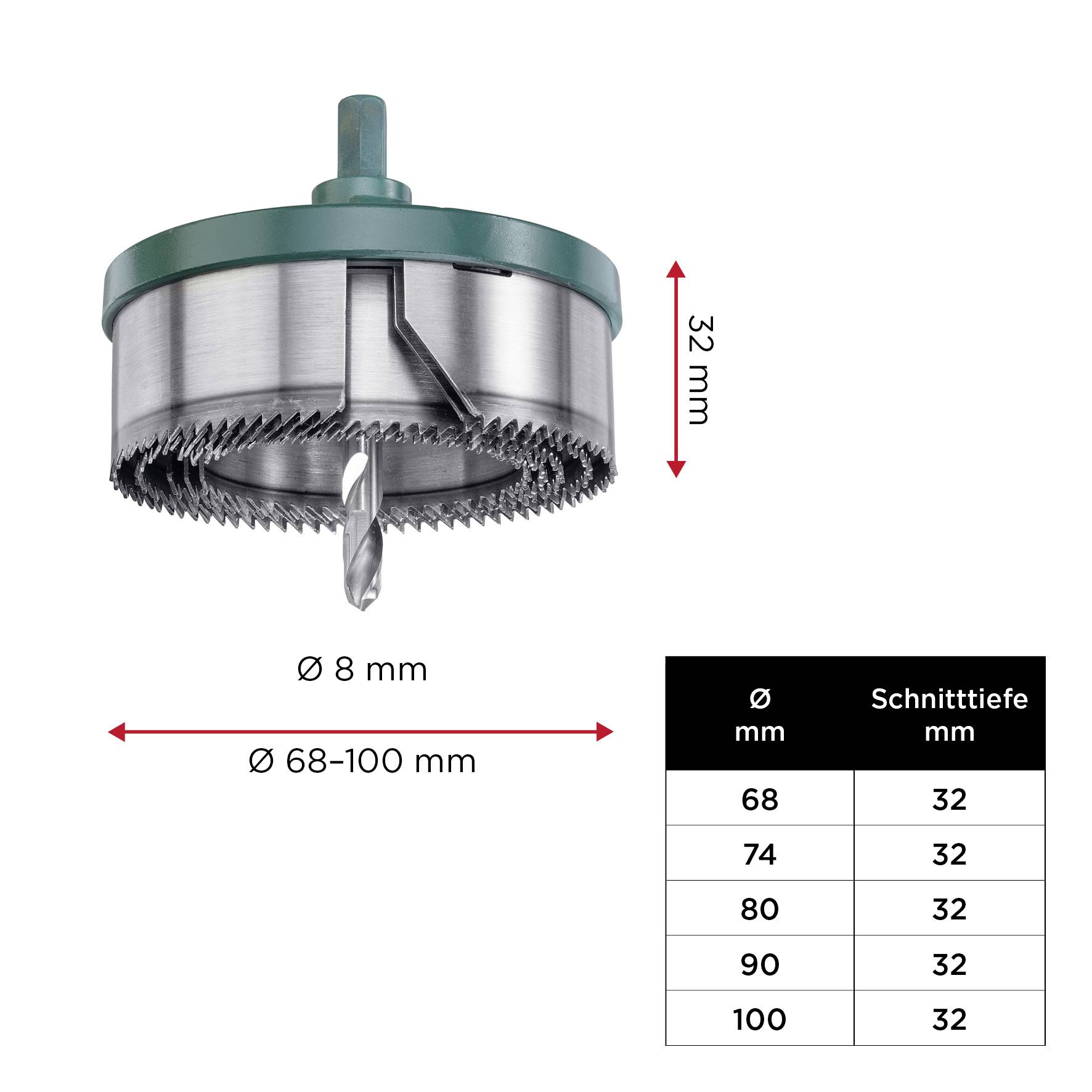 Bohrkrone mit verstellbarem Durchmesser von 68 bis 100 mm und Schnitttiefe von 32 mm. Tabelle zeigt Durchmesser und Schnitttiefe.