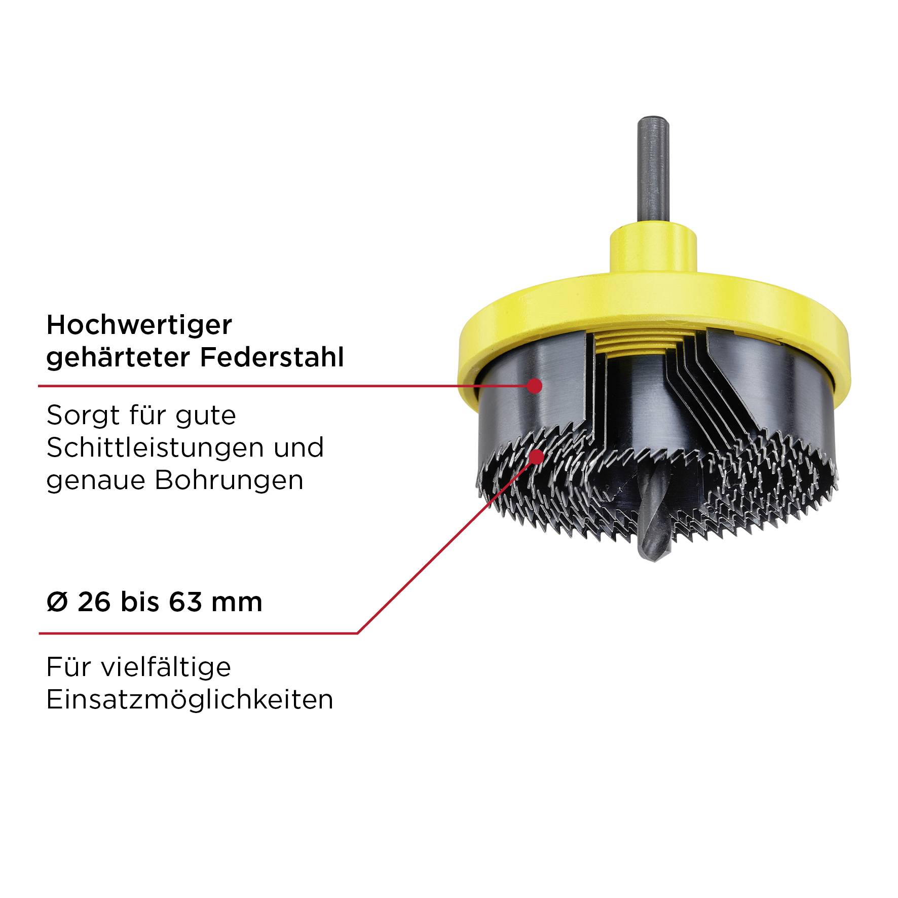 Innovativer Lochsägensatz: hochwertiger gehärteter Federstahl, Ø 26 bis 63 mm, für präzise Bohrungen und vielseitige Anwendungen.
