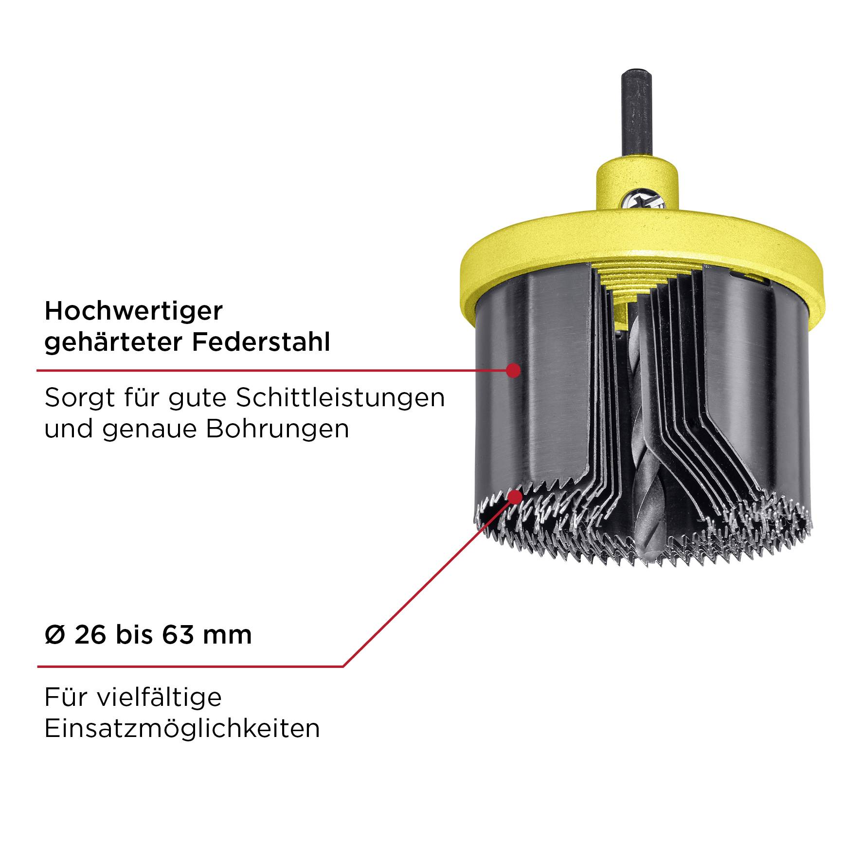 'Lochsägen-Set' aus hochwertigem gehärtetem Federstahl, Ø 26 bis 63 mm, sorgt für präzise Bohrungen, vielseitig einsetzbar.