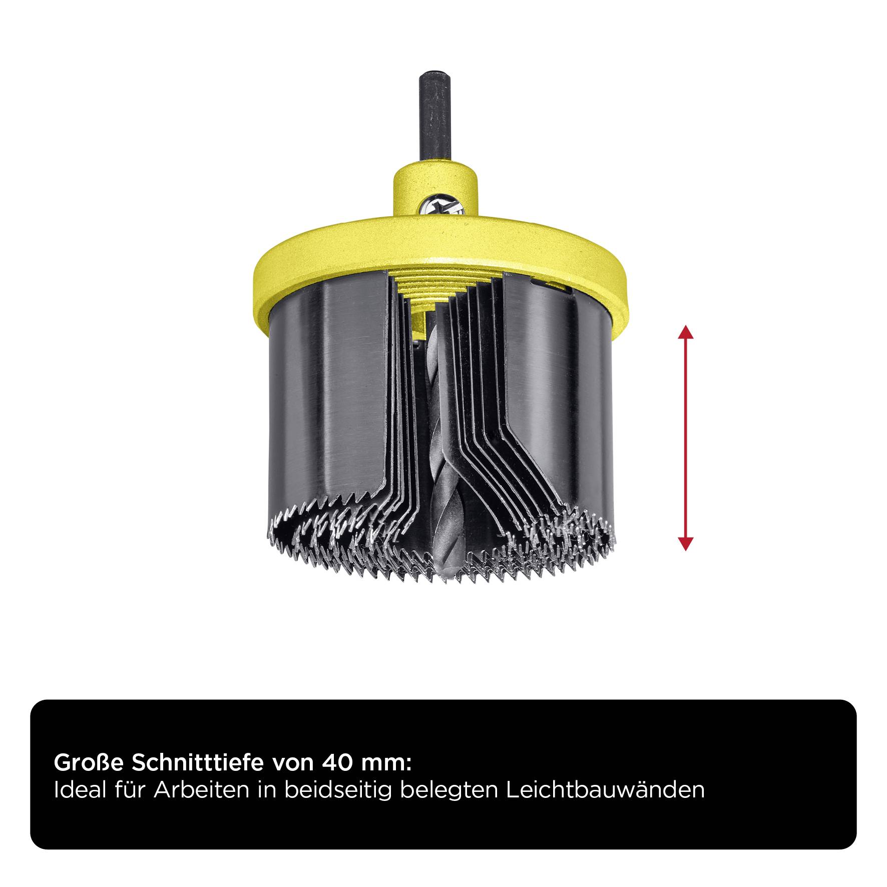 Eine Lochsäge mit gelbem Gehäuse und schwarzem Sägeblatt. Text: 'Große Schnitttiefe von 40 mm: Ideal für Arbeiten in beidseitig belegten Leichtbauwänden'.