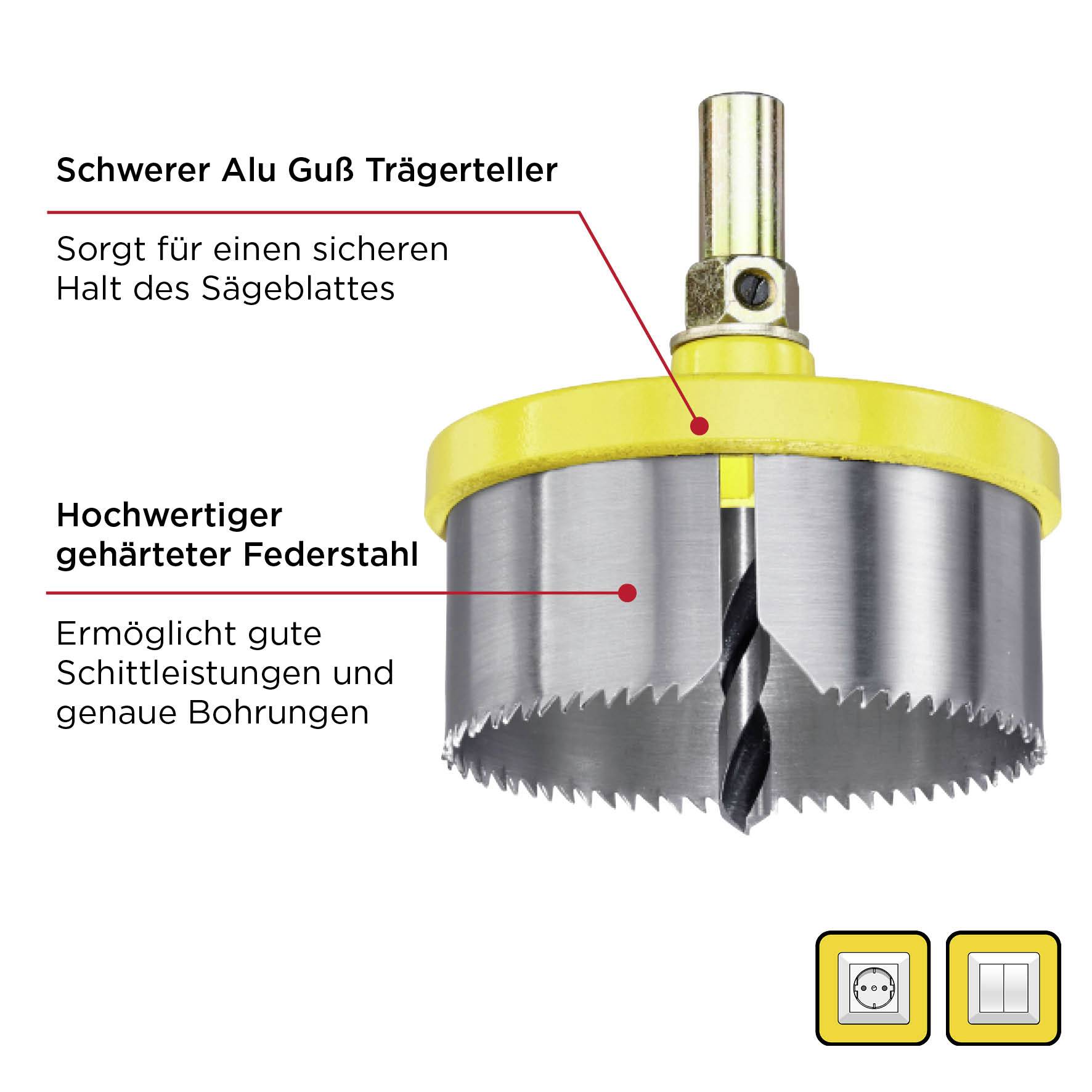 Lochsäge mit gelber Kappe und Edelstahlzähnen. Text betont 'schweren Alu Guss Trägerteller' für sicheren Halt und 'hochwertiger gehärteter Federstahl' für präzise Schnitte.