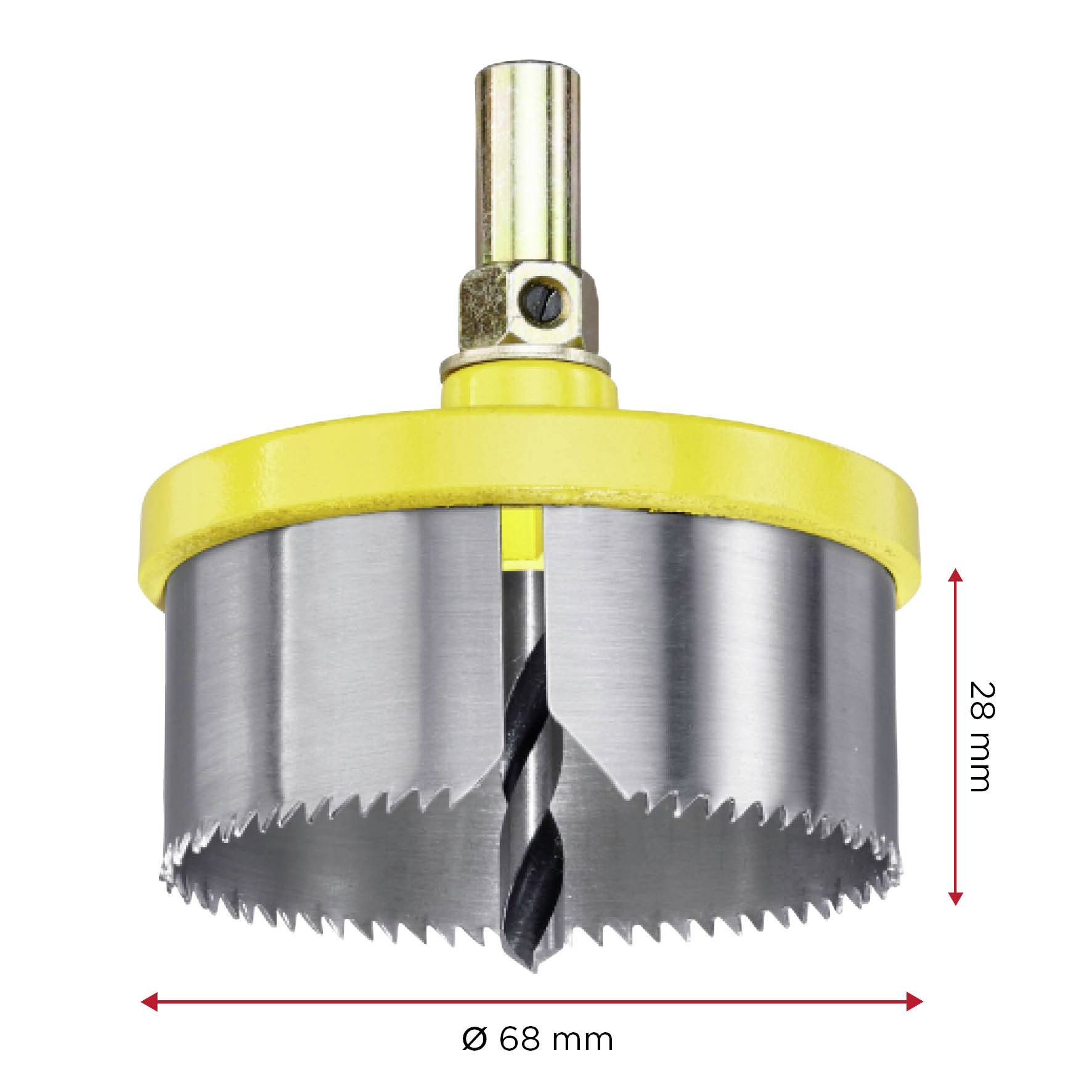 Bohrkrone aus Metall mit gelbem Rand, Durchmesser 68 mm, Höhe 28 mm, ideal zum Bohren großer Löcher in Holz oder Metall.