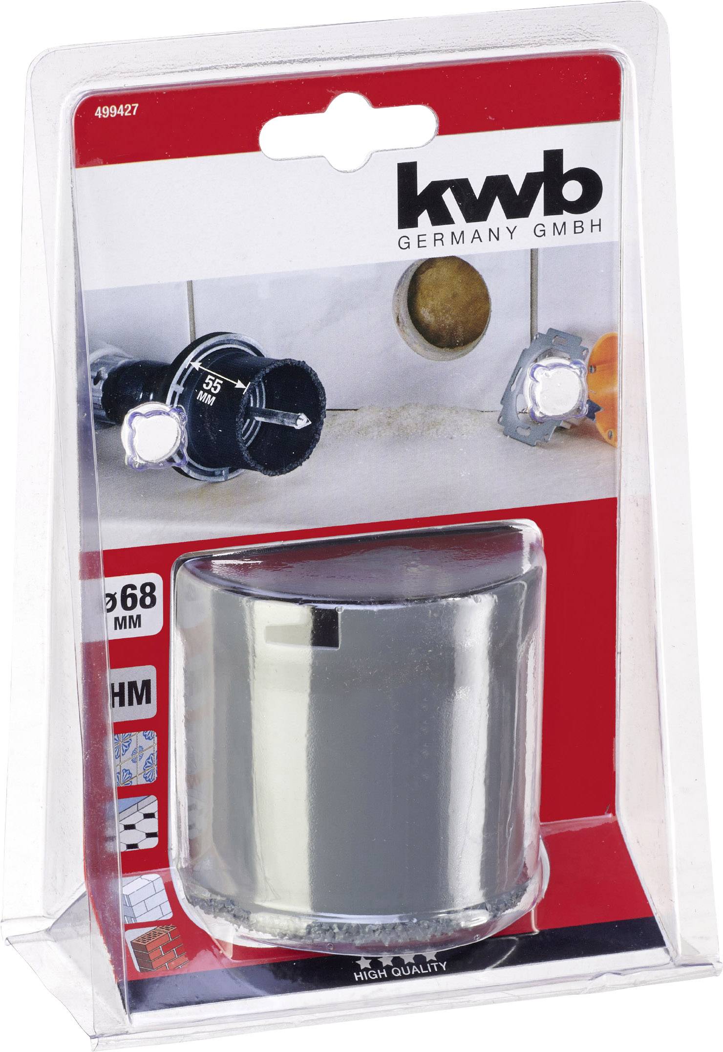'KWB Germany GMBH' Lochsäge-Set in Kunststoffverpackung, zeigt Bildanwendung in Trockenbau. Größe: 68 mm, geeignet für Holz und Metall.