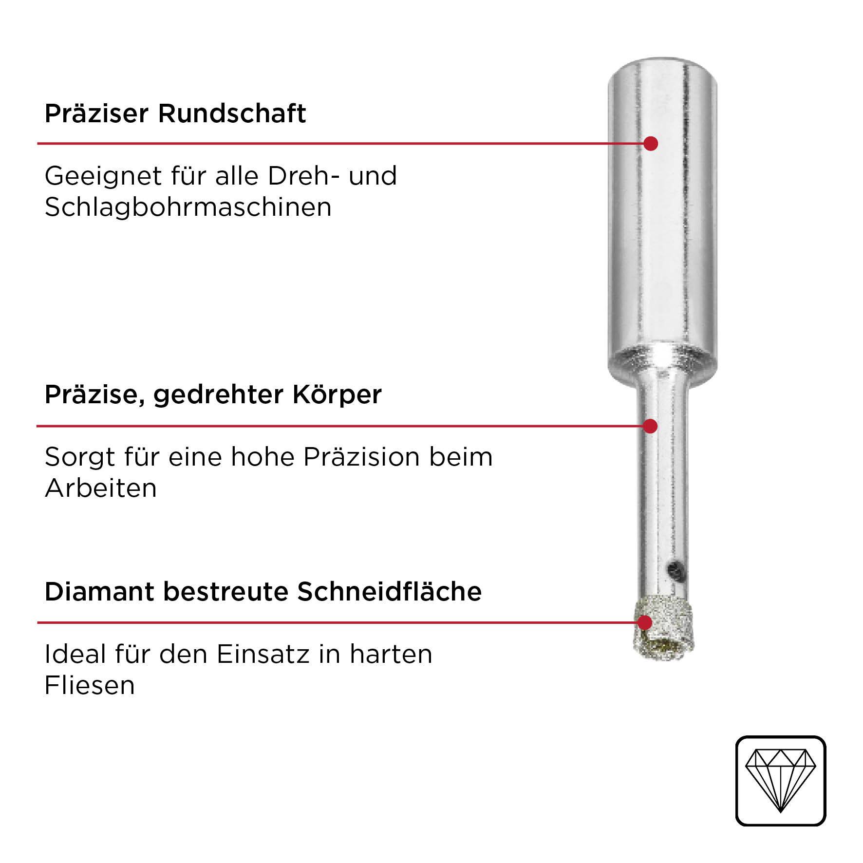 Diamantbohrer mit präzisem Rundschaft, geeignet für Dreh- und Schlagbohrmaschinen. Sorgt für hohe Präzision, ideal für harte Fliesen.