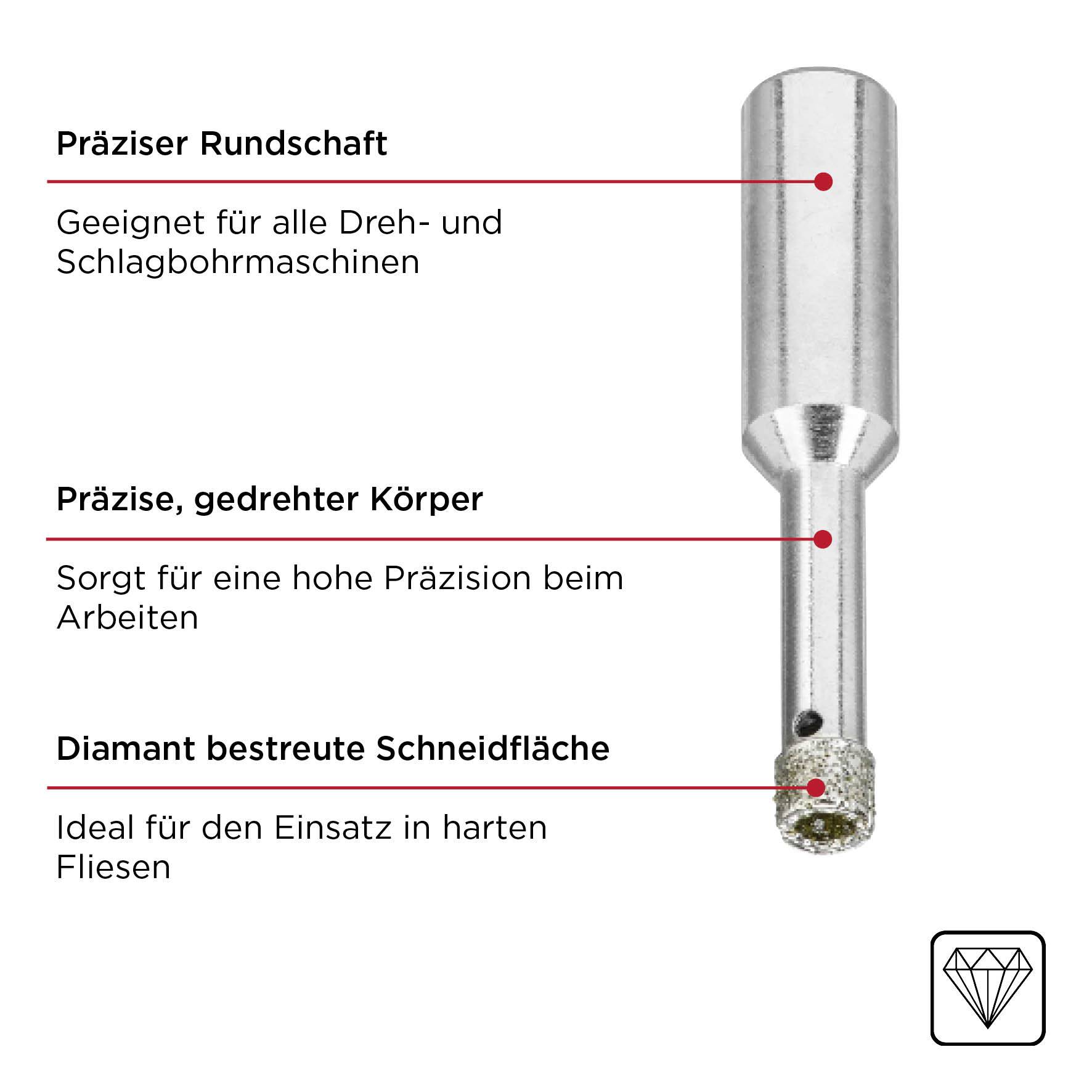 Ein Bohrer mit präzisem Rundschaft, geeignet für Dreh- und Schlagbohrmaschinen. Gedrehter Körper und diamantbesetzte Schneidfläche für harte Fliesen.