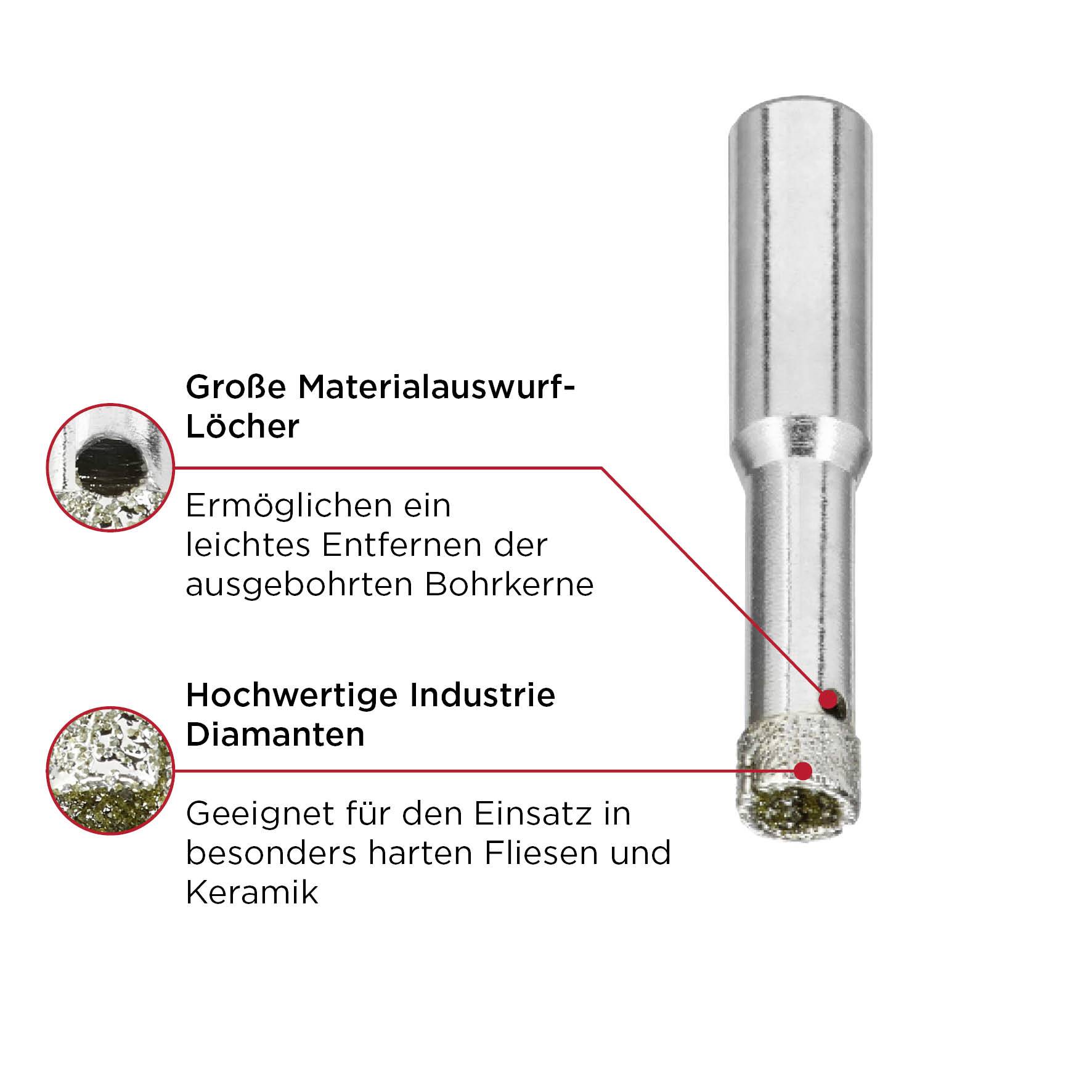 Bohrkrone mit Diamantbeschichtung zur Bearbeitung von harten Materialien wie Fliesen und Keramik. Text hebt Materialauswurf-Löcher hervor.