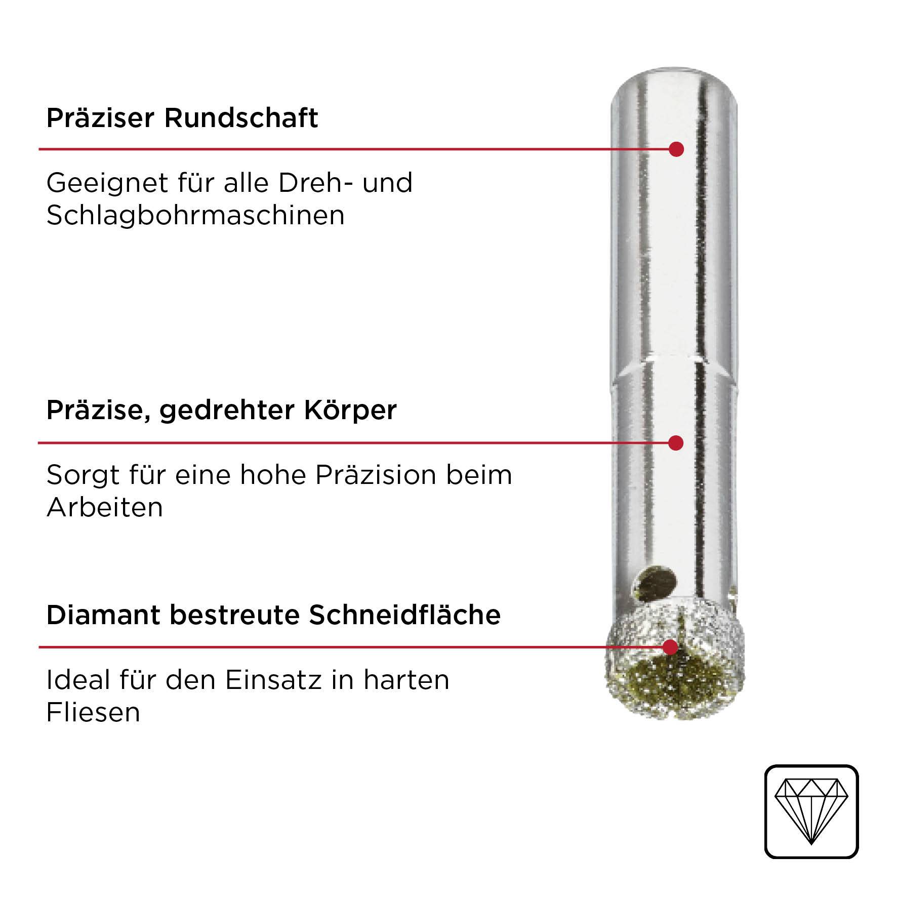 Bohrkopf mit diamantbestreuter Schneidfläche, geeignet für Dreh- und Schlagbohrmaschinen. Präziser, gedrehter Körper für präzise Arbeiten. Ideal für harte Fliesen.