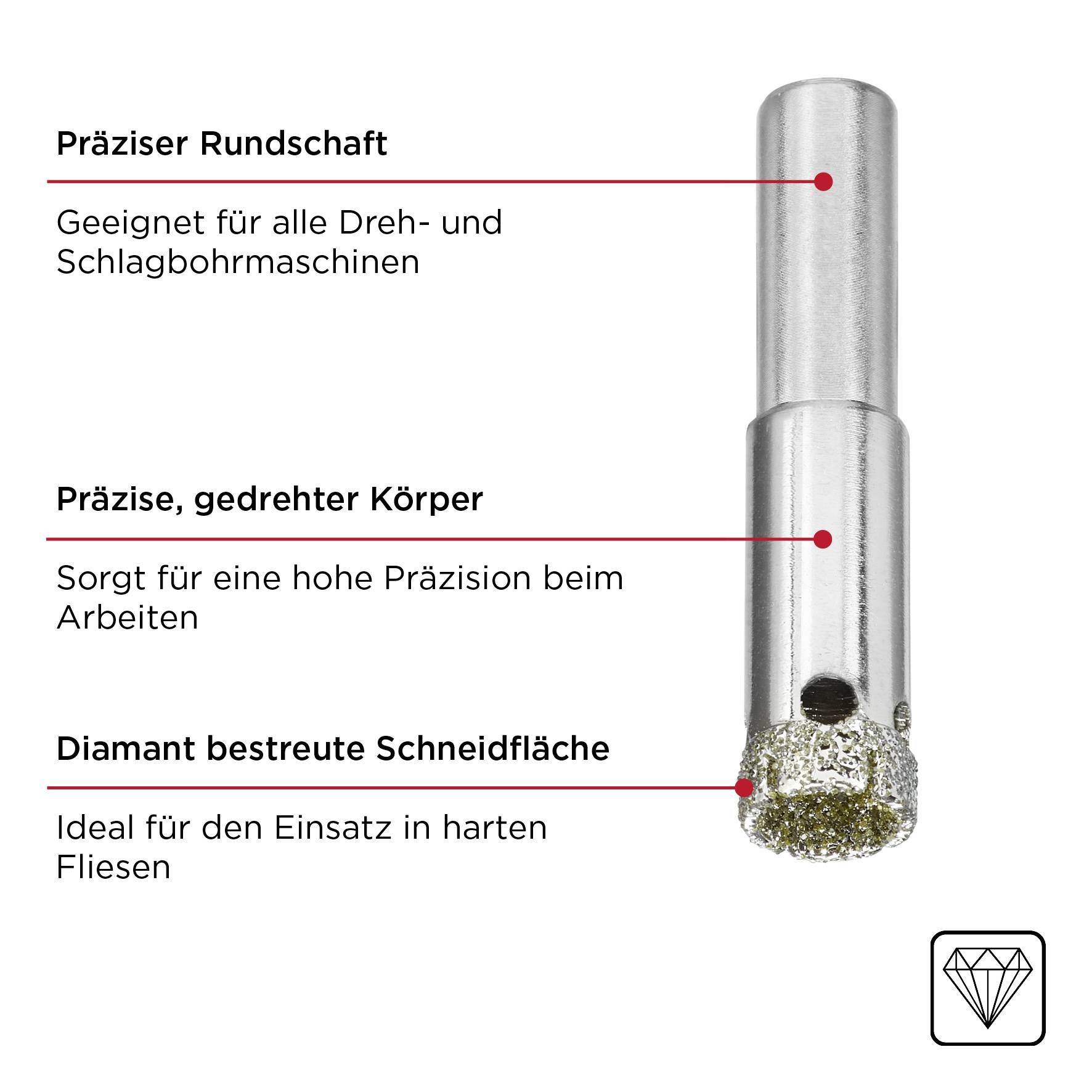 'Präziser Rundschaft': Rundschaft für Maschinen. 'Präzise, gedrehter Körper': Hohe Arbeitspräzision. 'Diamantbestreute Schneidfläche': Für harte Fliesen.