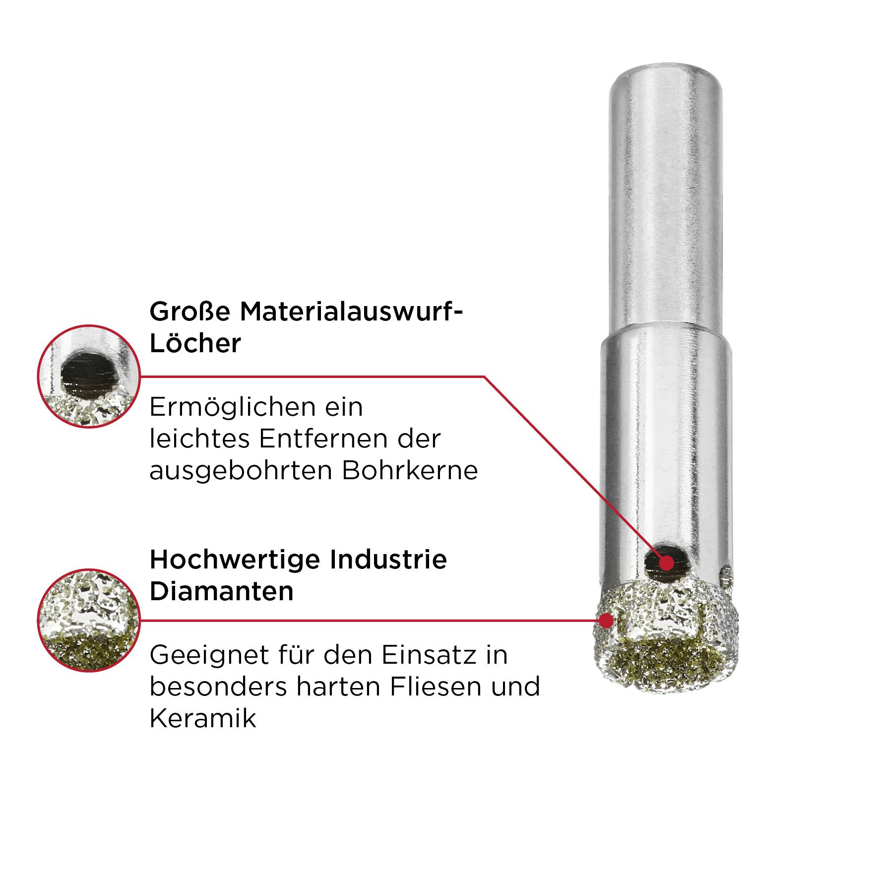 Diamantbohrer mit großen Materialauswurf-Löchern für leichtes Entfernen der Bohrkerne; ideal für harte Fliesen und Keramik.