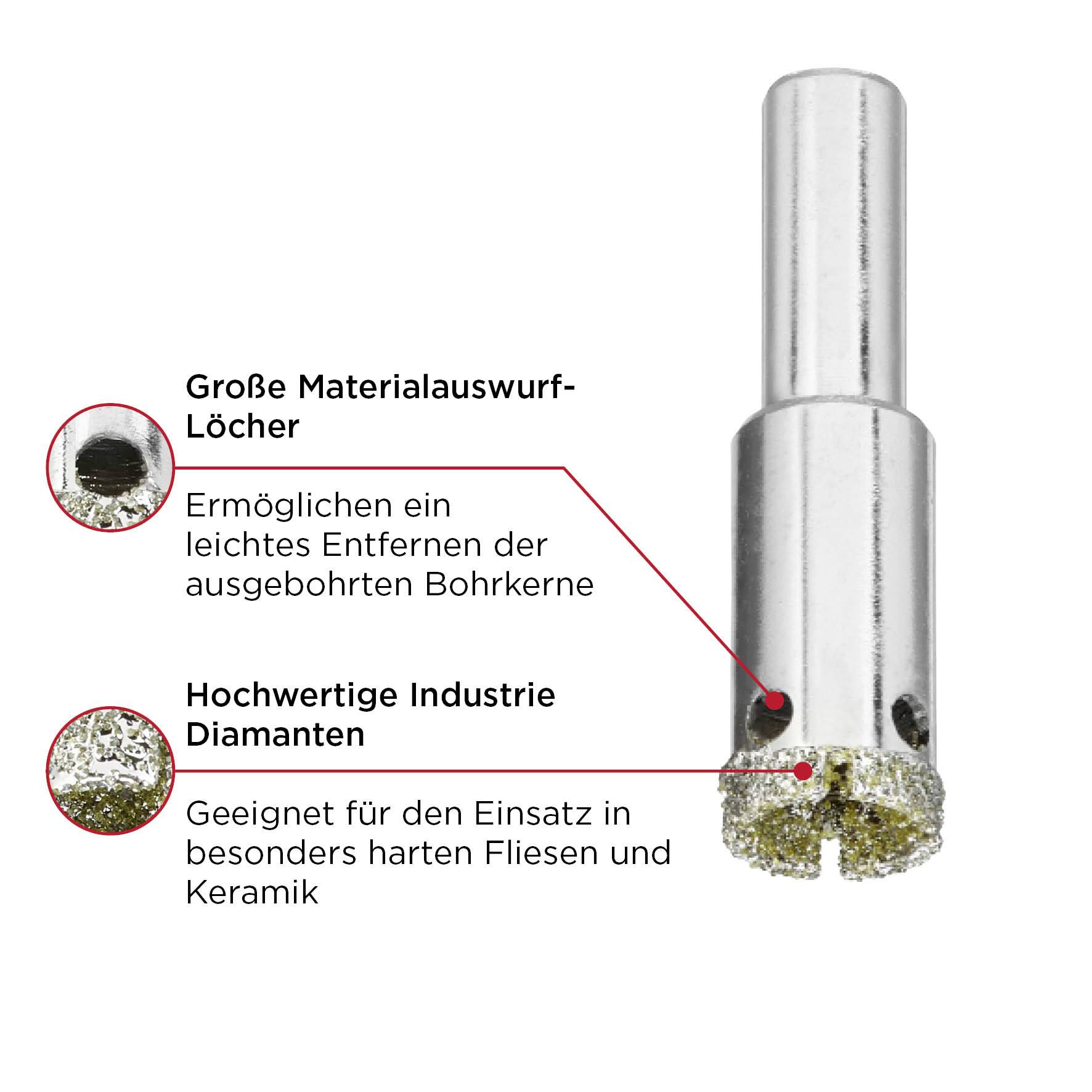 Bohrkrone mit großen Materialauswurf-Löchern und hochwertigen Industrie-Diamanten, geeignet für harte Fliesen und Keramik.