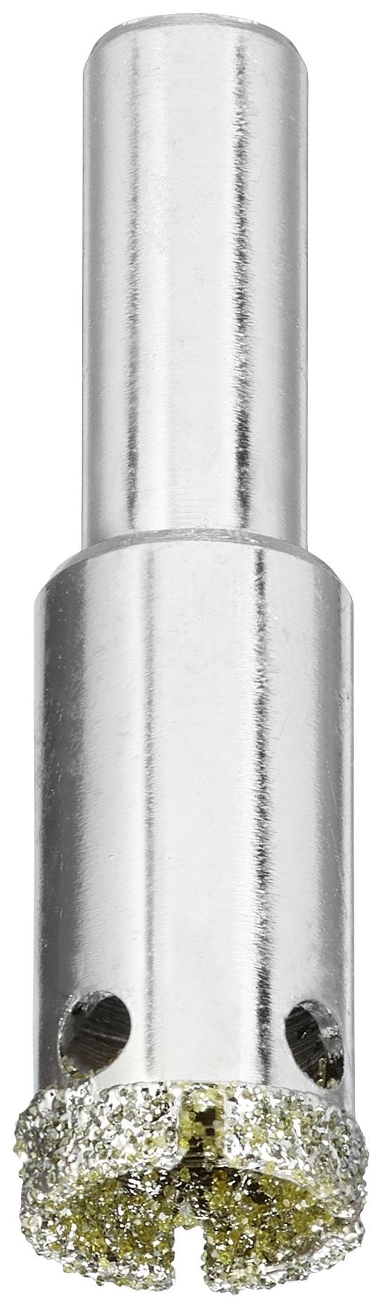 Diamantbohrkrone mit silbernem Schaft und diamantbeschichtetem Schneidkopf, verwendet zum Bohren in harte Materialien.