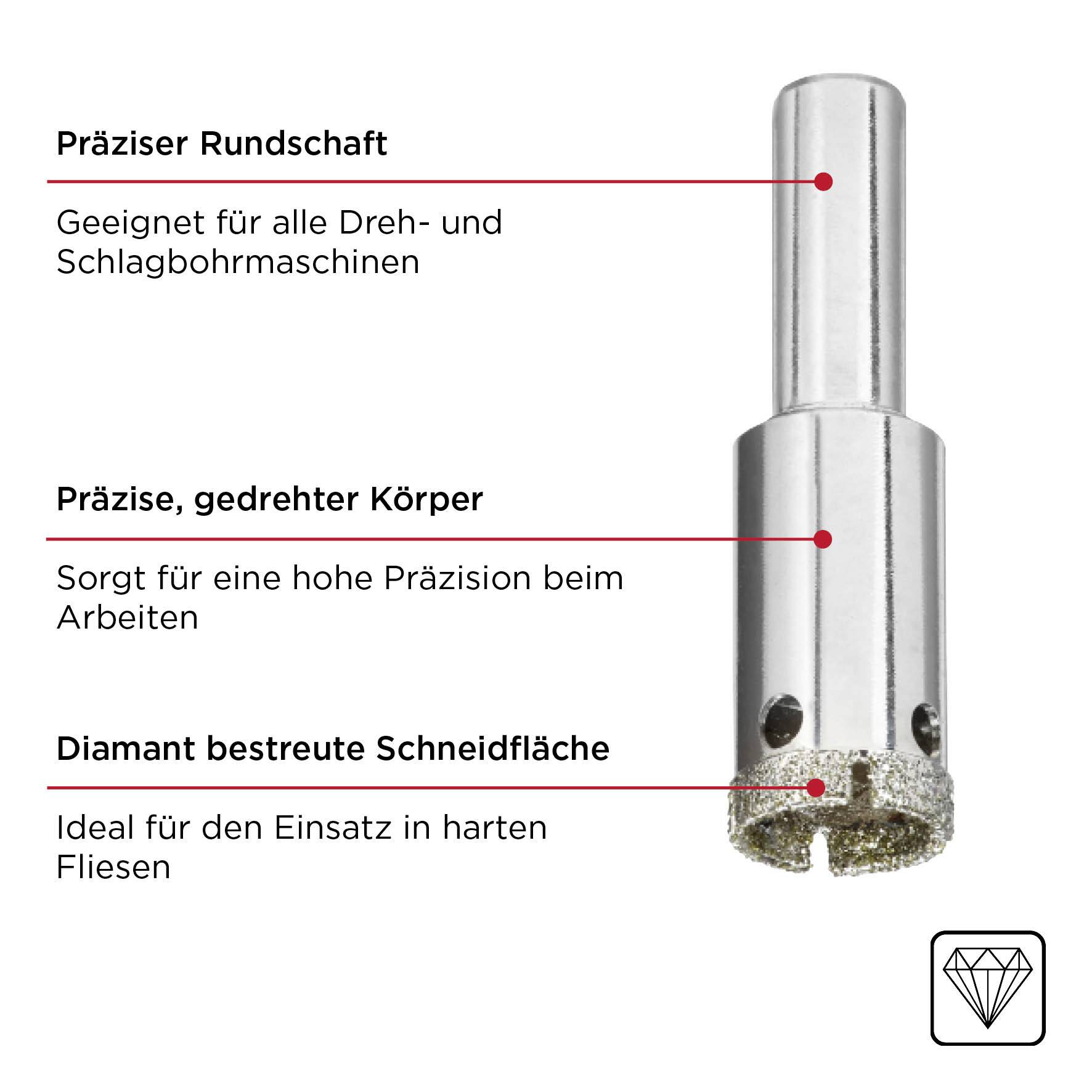Präzisionswerkzeug mit diamantbeschichteter Schneidfläche, ideal für harte Fliesen. Geeignet für Dreh- und Schlagbohrmaschinen.
