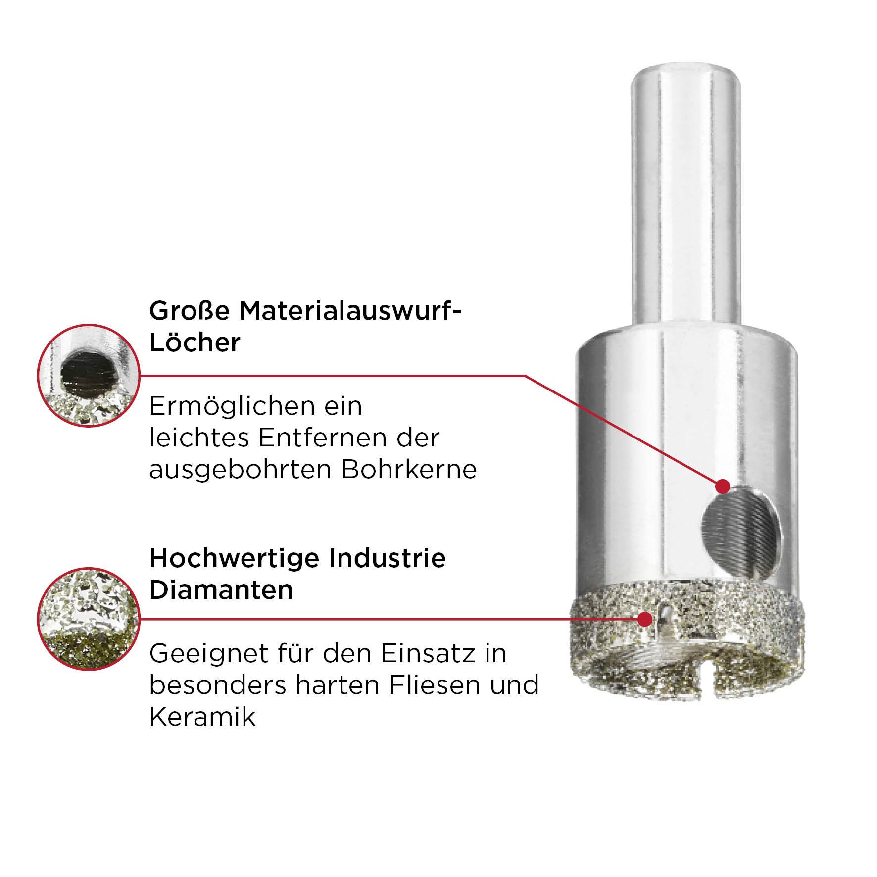 Bohrkrone mit großen Materialauswurf-Löchern für leichtes Entfernen. Hochwertige Diamanten für harte Fliesen und Keramik.