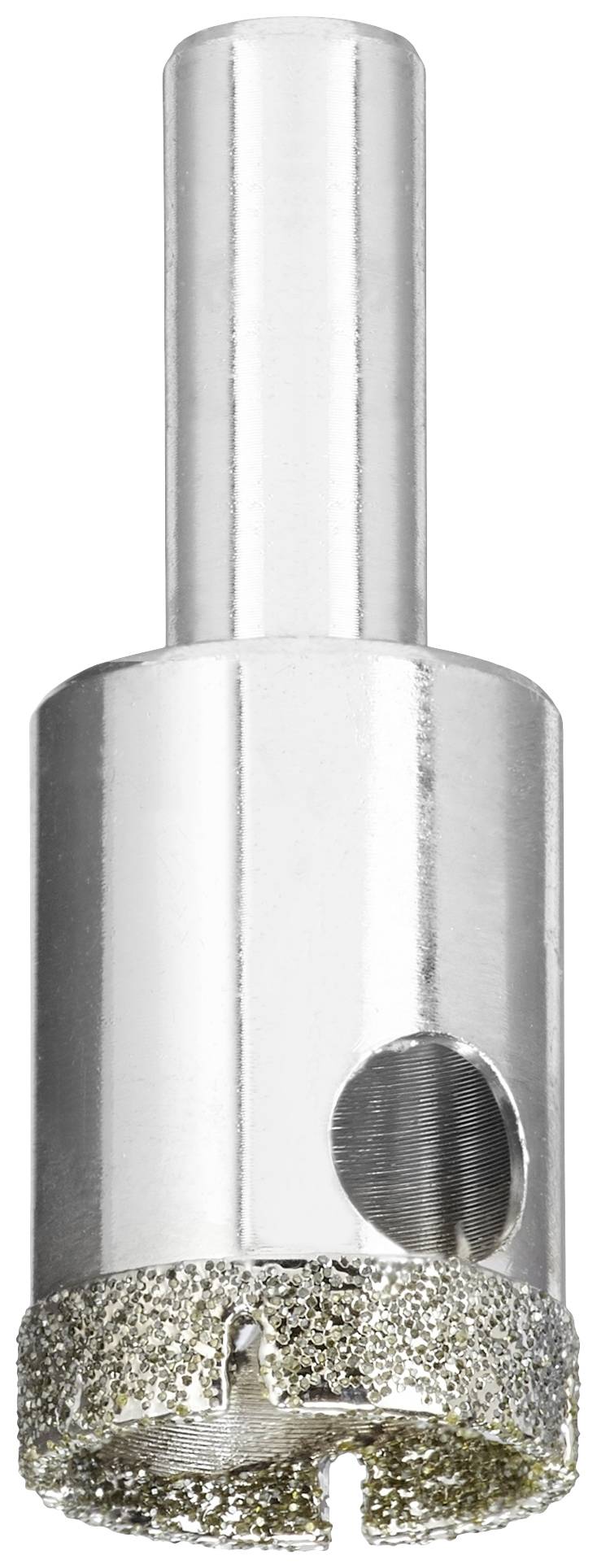 Teil eines Werkzeugs mit metallischem Schaft und Beschichtung aus Diamantpartikeln an der Spitze, verwendet zum Bohren harter Materialien.