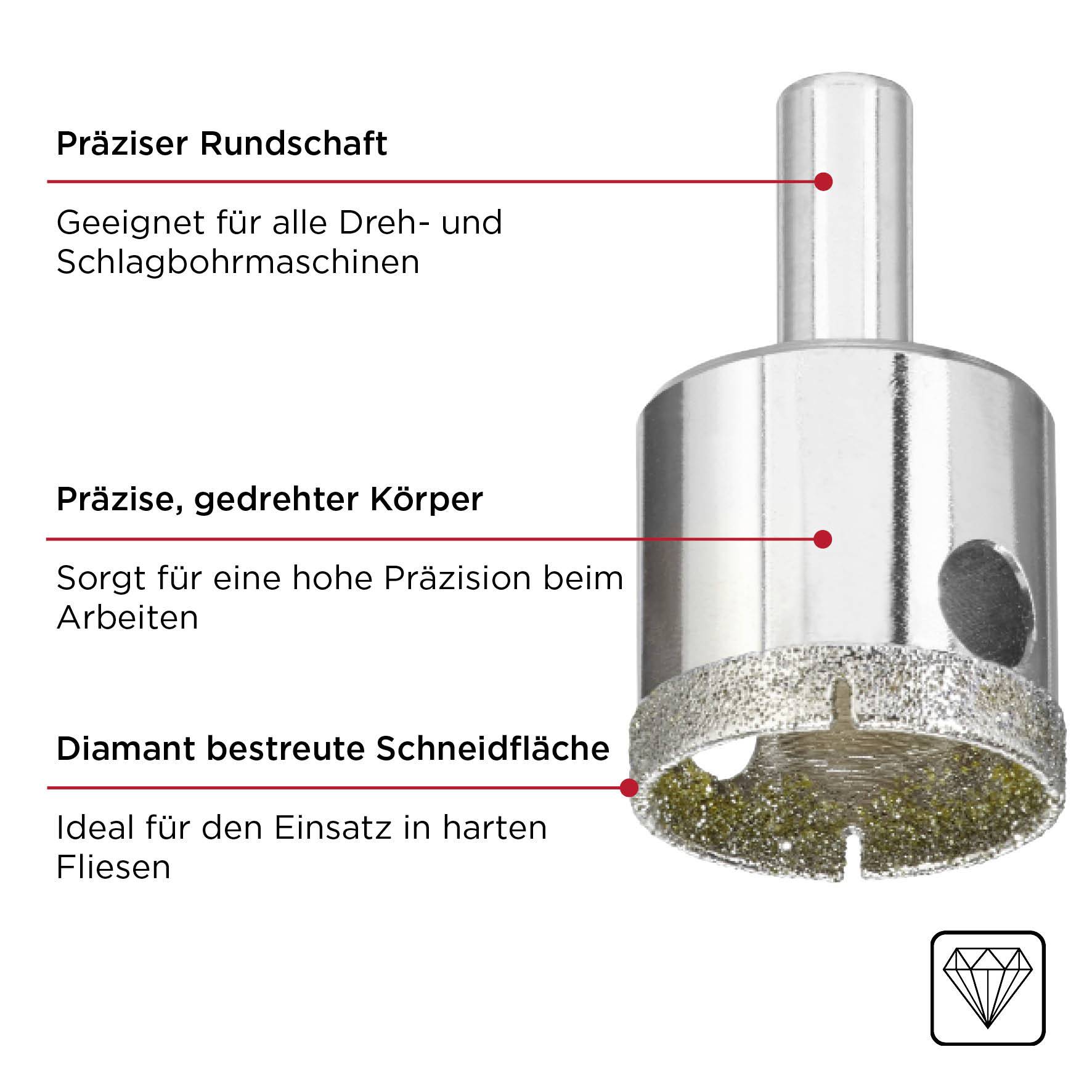Bohrkrone mit präzisem Rundschaft, gedrehtem Körper und diamantbestreuter Schneidfläche. Geeignet für harte Fliesen.