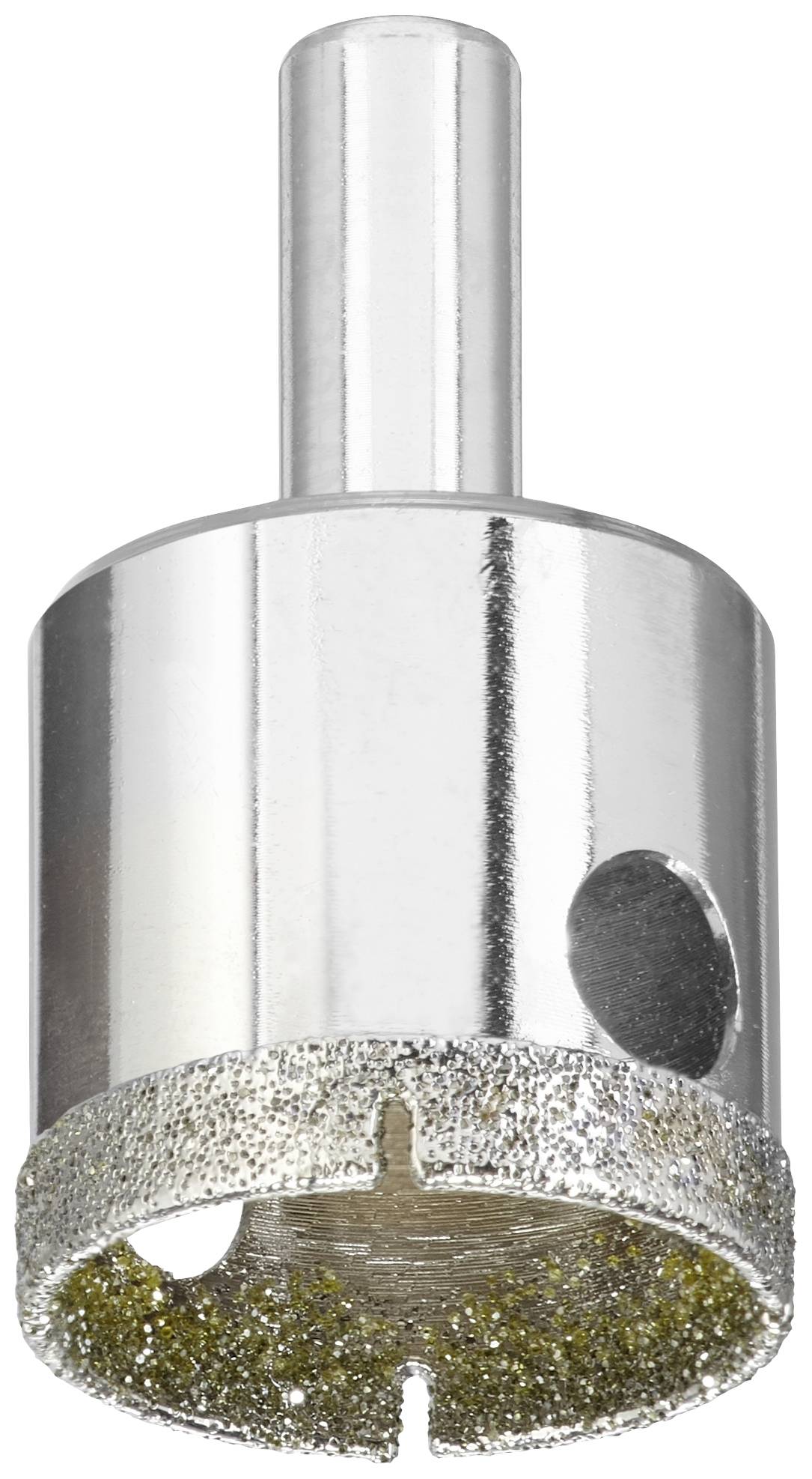 Bohrer mit diamantbesetzter Krone, geeignet zum Bohren durch harte Materialien wie Fliesen oder Glas.