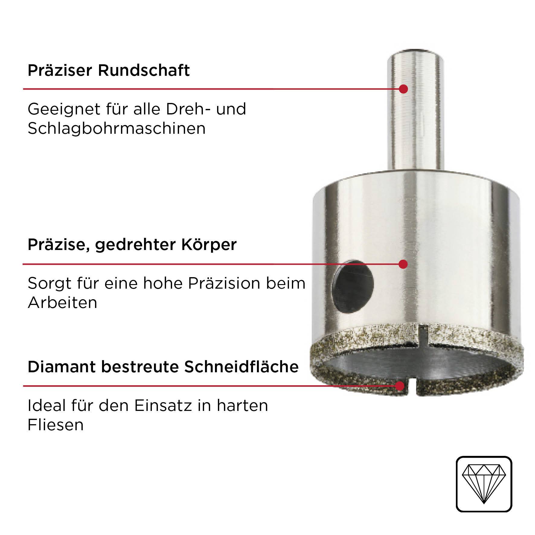 Bohrkrone mit diamantenbesetzter Schneidfläche. Geeignet für Dreh- und Schlagbohrmaschinen. Hohe Präzision beim Arbeiten. Ideal für harte Fliesen.