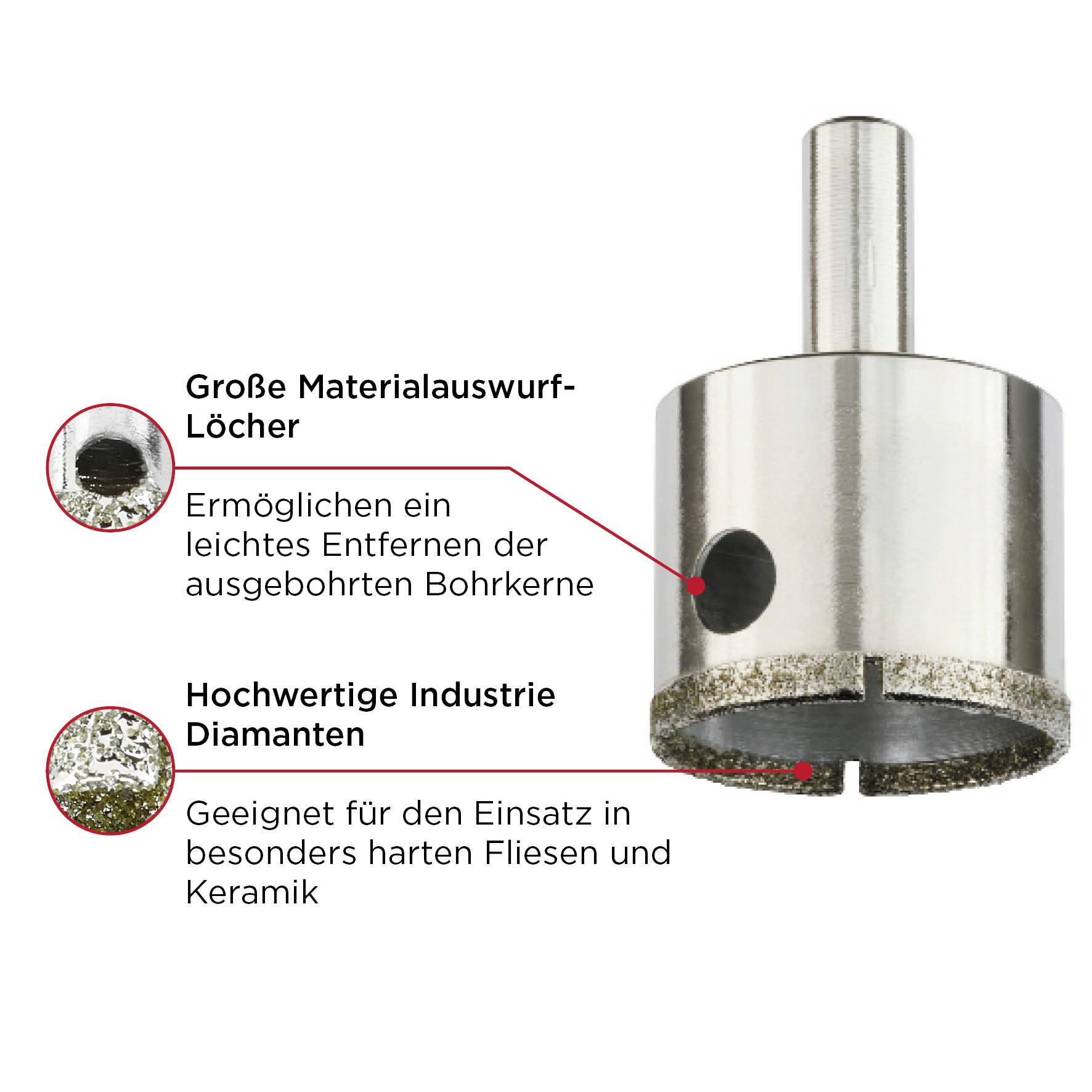 'Große Materialauswurf-Löcher.' 'Ermöglichen ein leichtes Entfernen der ausgebohrten Bohrkerne.' 'Hochwertige Industrie-Diamanten.' 'Geeignet für den Einsatz in besonders harten Fliesen und Keramik.' Bohrkrone mit Erklärung.