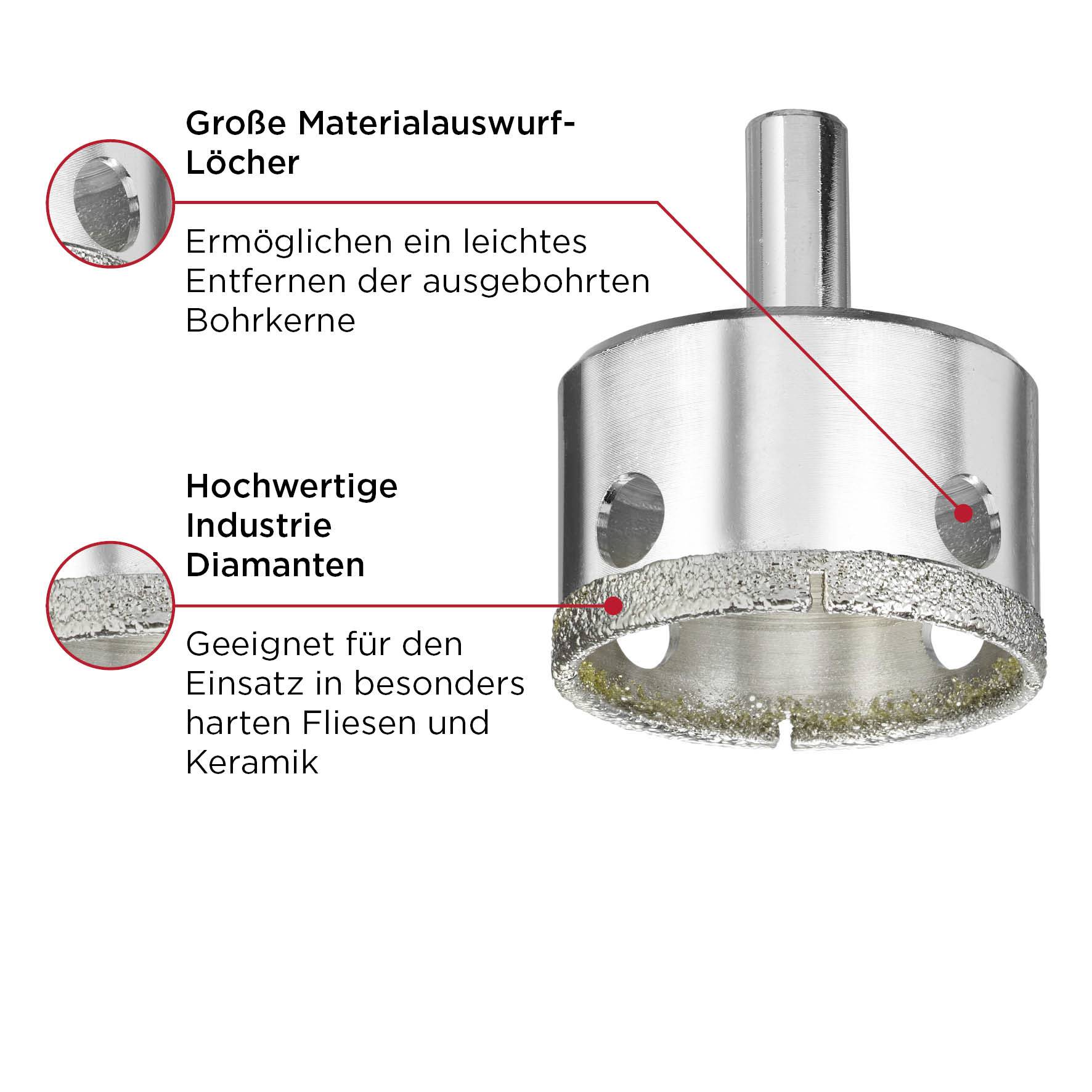 Bohrwerkzeug mit großen Materialauswurf-Löchern und hochwertigen Diamanten, ideal für Fliesen und Keramik.