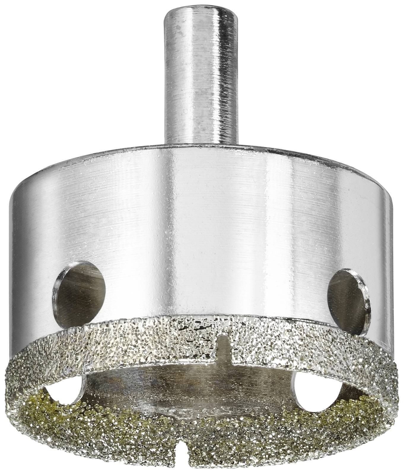 Ein diamantbeschichteter Fliesenbohrer mit zylindrischem Schaft und großen seitlichen Löchern zur Kühlung und Staubabfuhr.