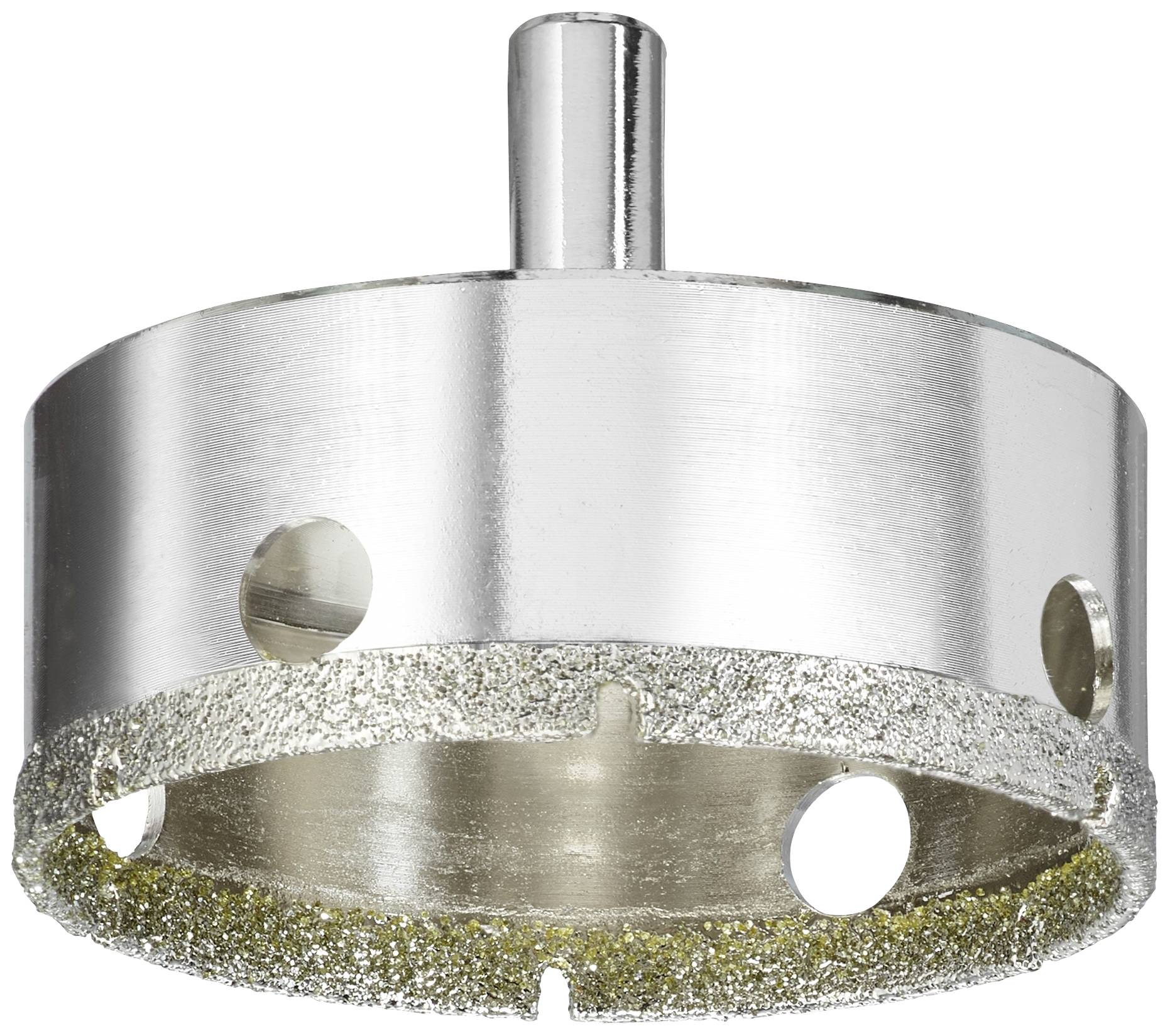 Metall-Bohrkrone mit eingesetzten Sägezähnen und vier Löchern an der Seite. Verwendet für das Bohren großer Löcher in Materialien.