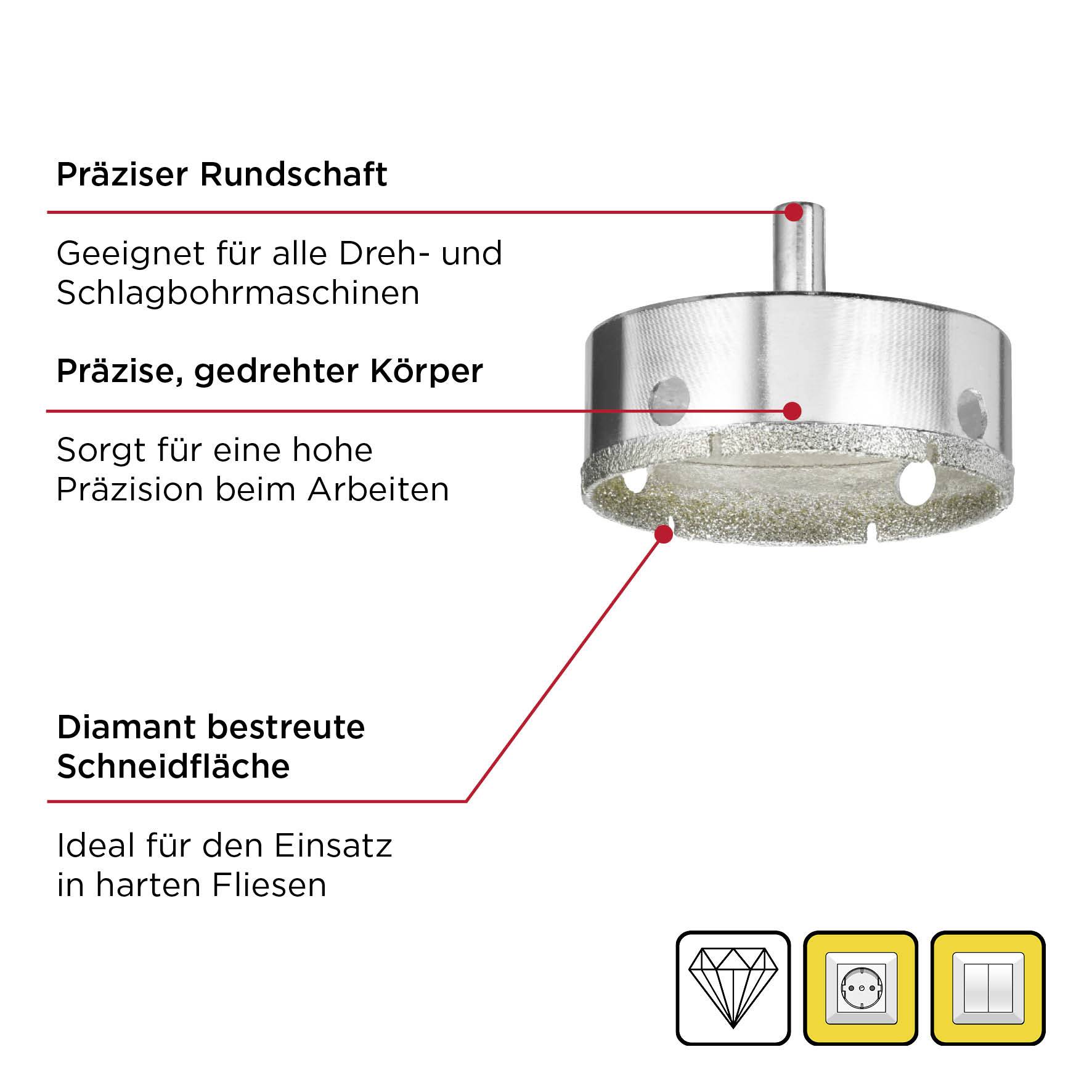 'Präziser Rundschaft', geeignet für Maschinen. 'Präzise, gedrehter Körper' für hohe Präzision. 'Diamant bestreute Schneidfläche', ideal für harte Fliesen. Symbole: Diamant, Bohrmaschine, Fliesen.