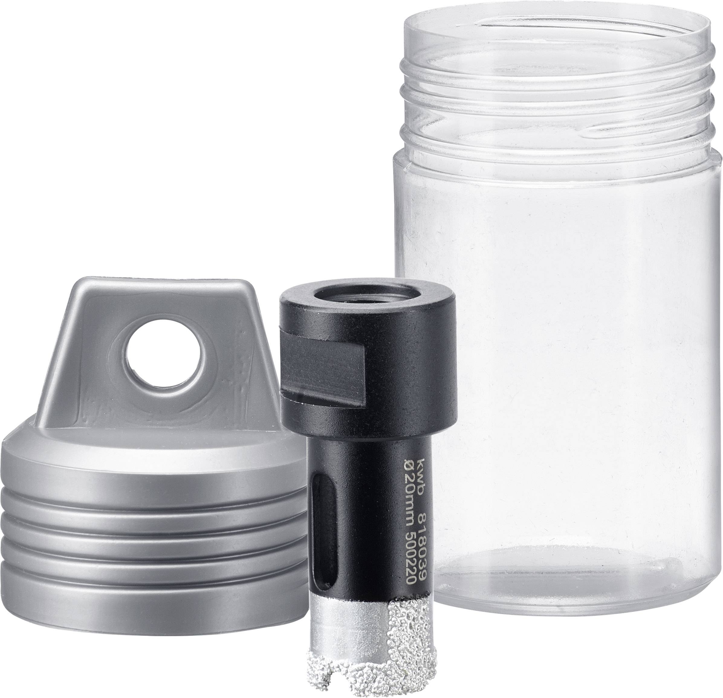 Ein Bohrer mit diamantbesetzter Spitze, eine silberne Verschlusskappe mit Ring und ein transparenter Zylinderbehälter.