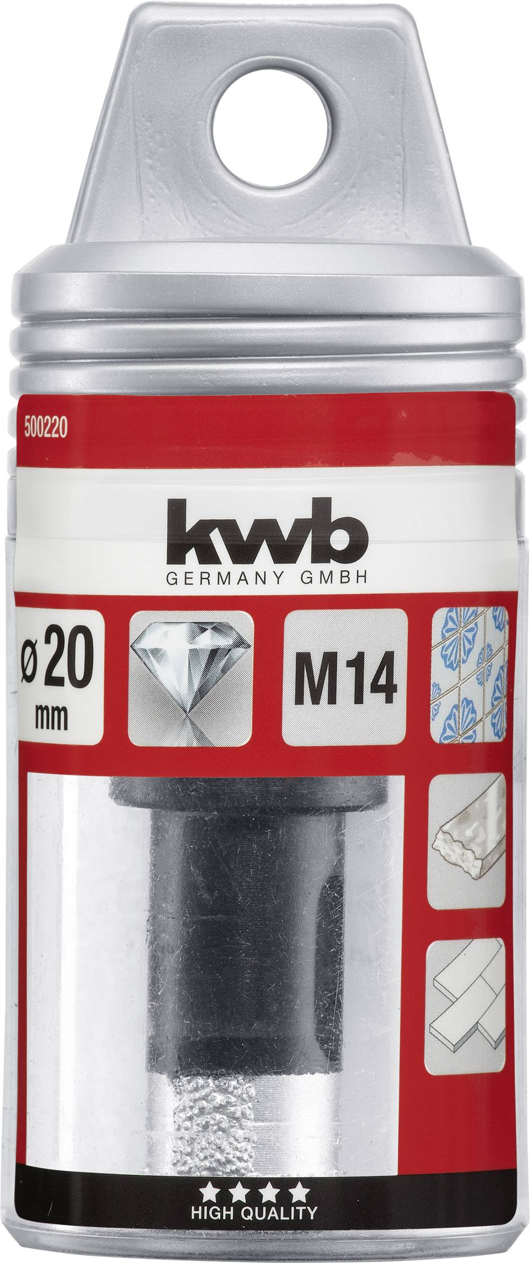 Diamantbohrkrone 20 mm, M14, von kwb Germany GmbH, in einer Verpackung mit Abbildungen von Bohren in Fliesen und Steinmaterial.