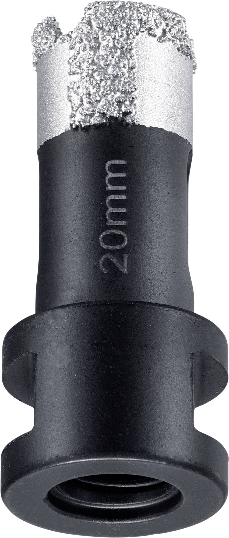 Bohraufsatz mit Diamantbeschichtung, Aufschrift '20 mm', schwarzer Schaft, zylindrische Form, verwendet zum präzisen Bohren in harten Materialien.